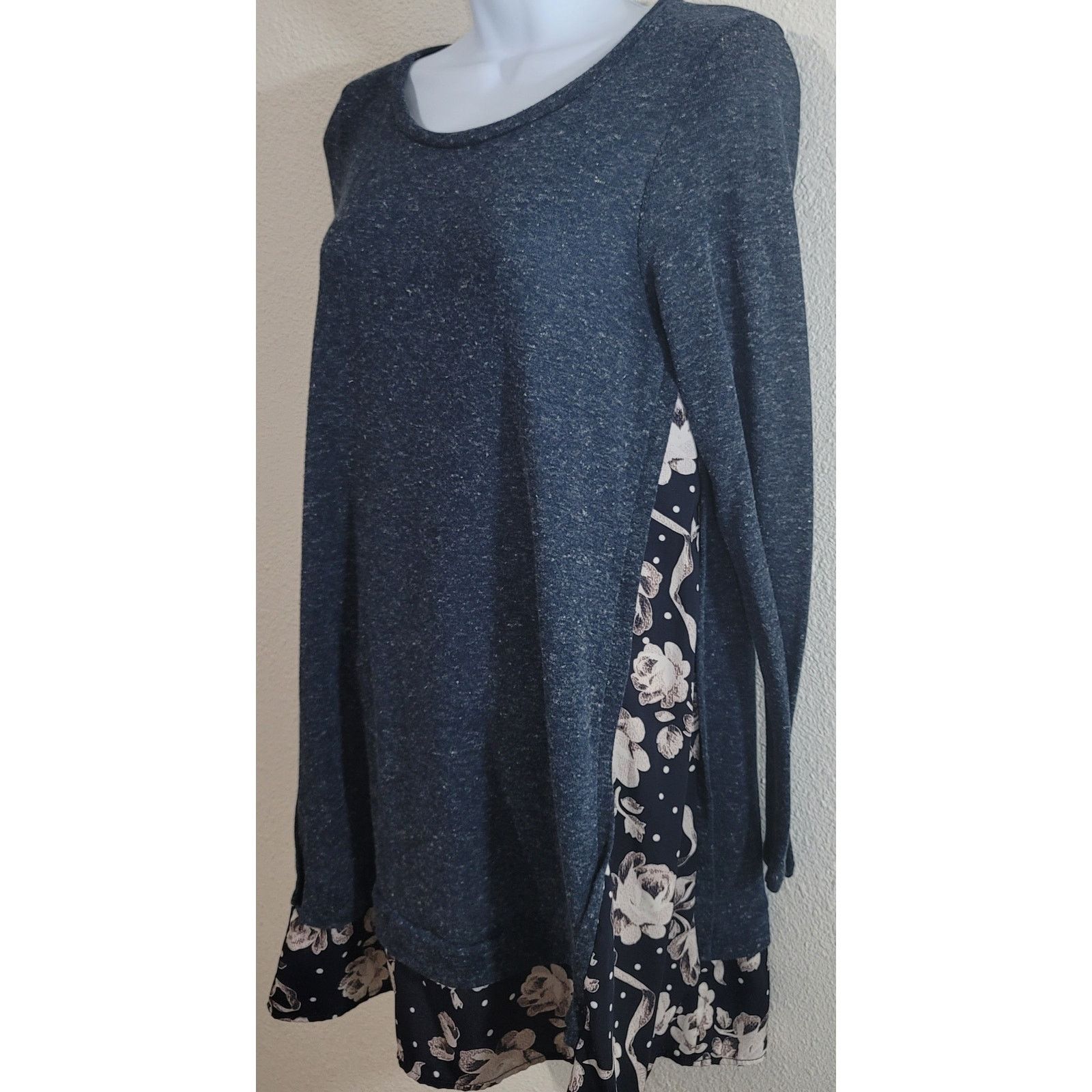 Other Mon Ami Blue Marled Floral Faux Layered Women's Top Small Size S / US 4 / IT 40 - 2 Thumbnail