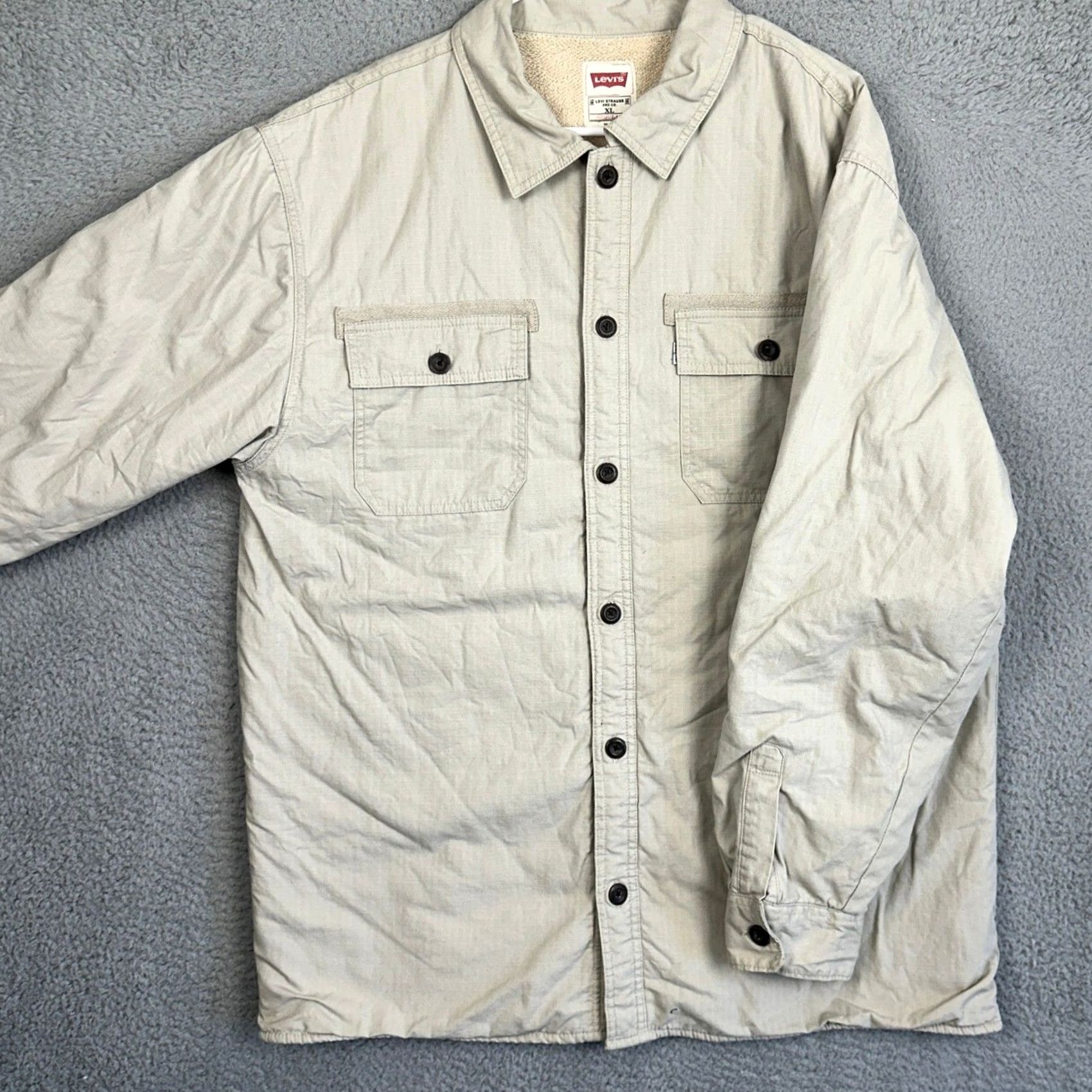 Levi's Levi's Jacket Men XL Beige Tan Ripstop Fleece Lined Button Up With Pockets Utility Military Jacket Ro k Tan Beige Mens XL Size US XL / EU 56 / 4 - 2 Thumbnail