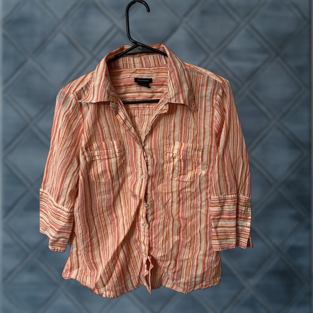 Vintage Calvin Klein Jeans Shirt Women’s L Semi Sheer Cotton 3/4 Sleeve Orange Stripes Blouse Size L / US 10 / IT 46 - 1 Thumbnail