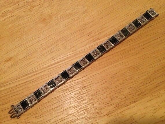 Designer Art Deco Sterling Silver Filigree & Black Enamel Bracelet Size ONE SIZE - 2 Thumbnail