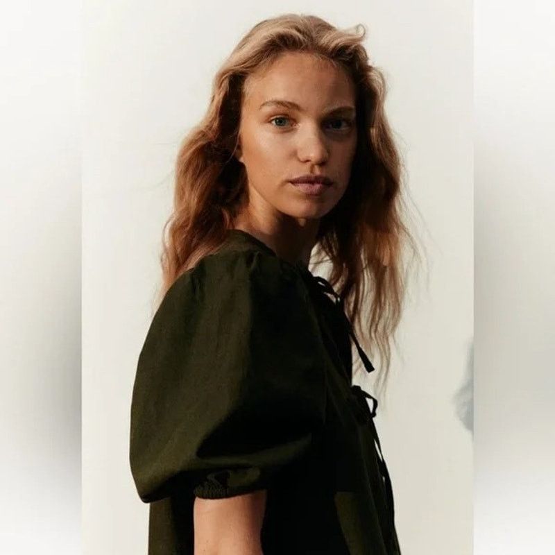 H&M H&M Olive Linen Blend Puff Sleeve Dress | Front Ties Size S / US 4 / IT 40 - 2 Thumbnail
