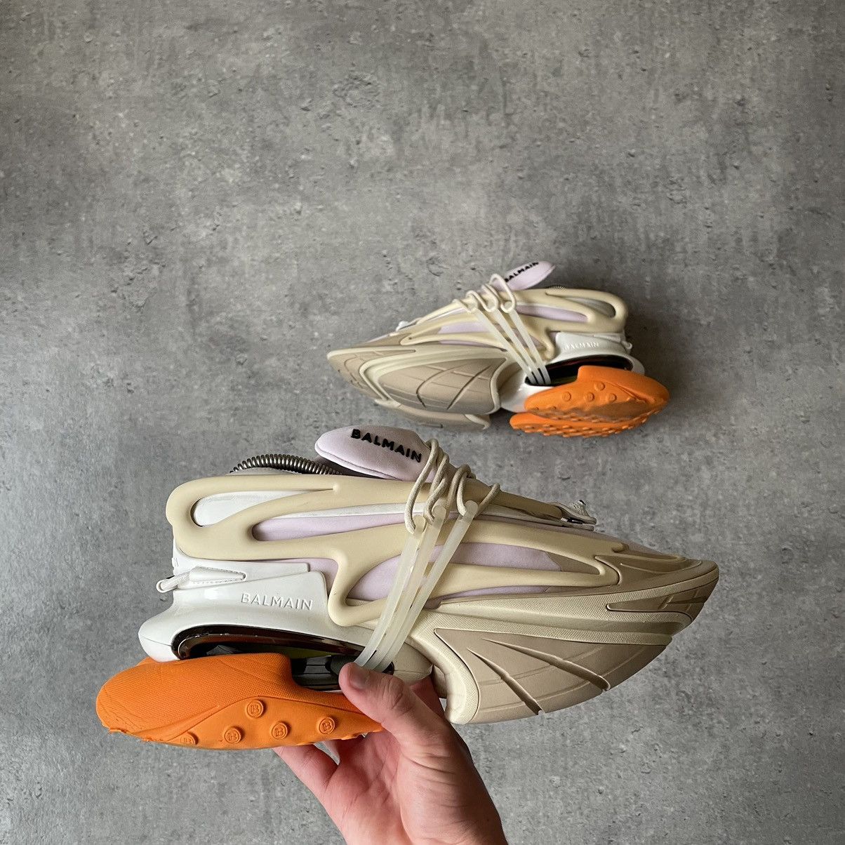 Balmain Men's White/Orange Low Unicorn Sneakers