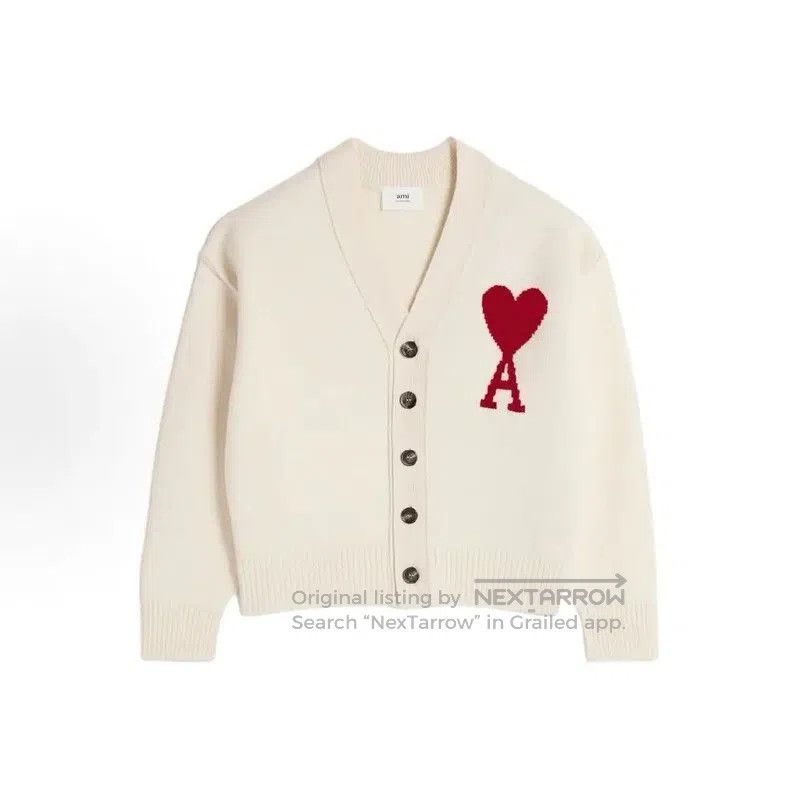 AMI AMI White Cardigan with Heart Logo . Size L / US 10 / IT 46 - 1 Thumbnail