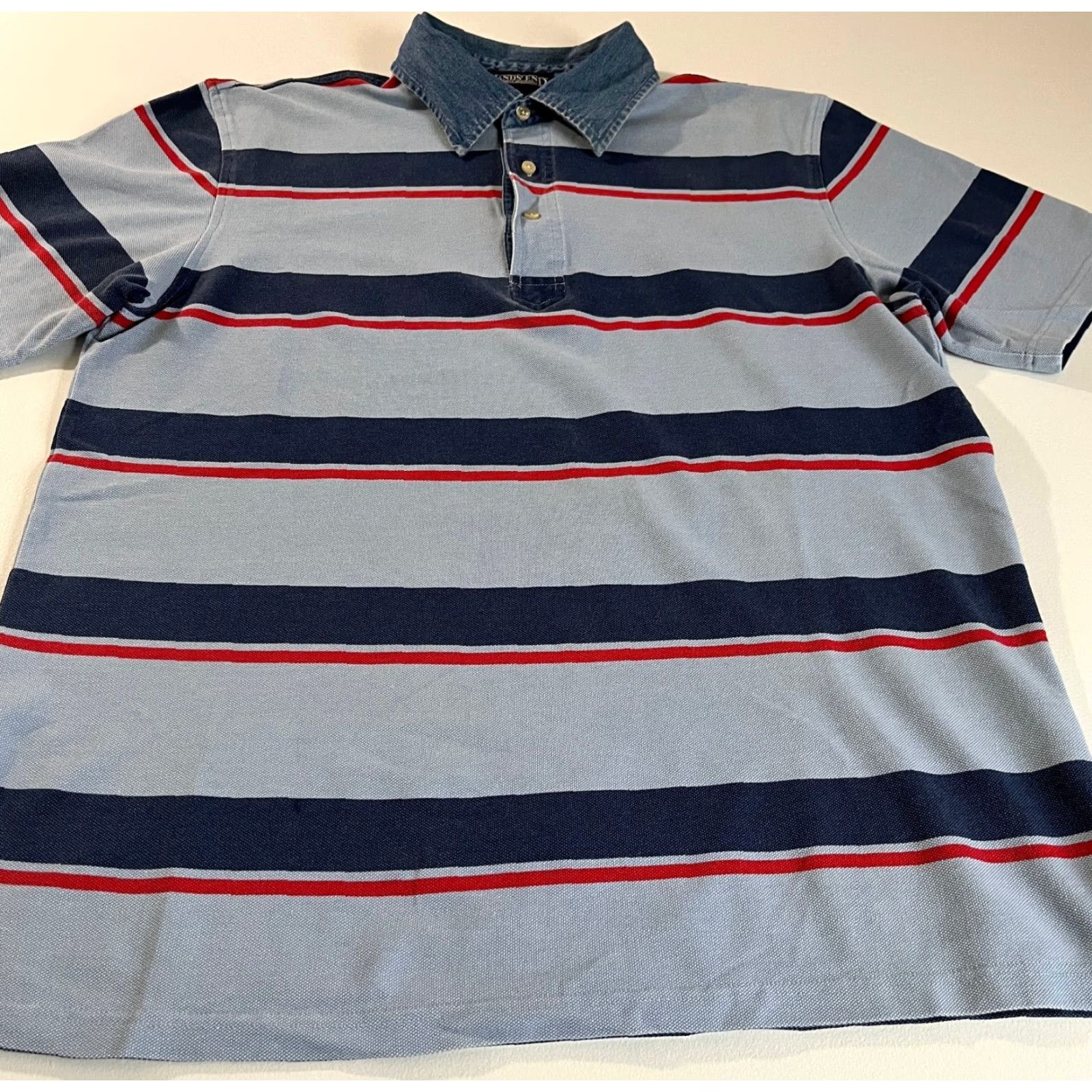 Lands' End Lands' End Polo Shirt Striped Denim Collar Sz L Men’s Short Sleeve Cotton Multicolor Polo Mens Size US L / EU 52-54 / 3 - 4 Thumbnail