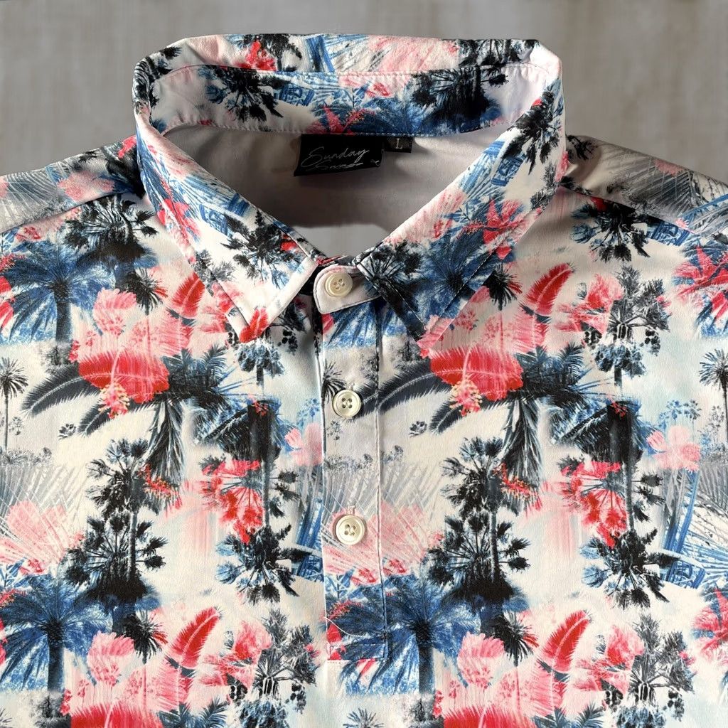 Vintage Sunday Swagger Polo Shirt Mens L Blue Red Tropical Palm Floral Golf Stretch Shirt Size US L / EU 52-54 / 3 - 1 Thumbnail