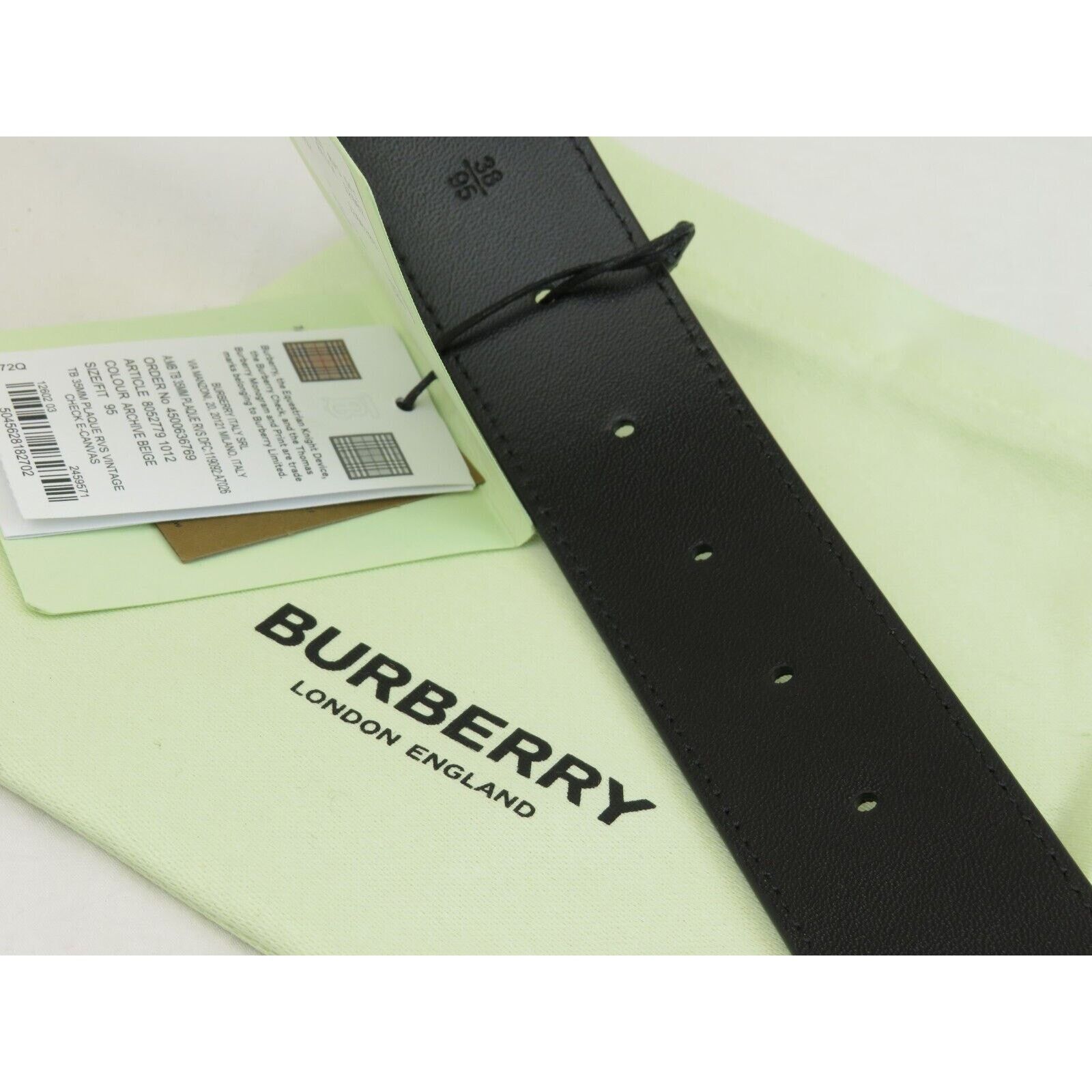 Burberry TB 35 BEIGE CHECK BLACK LEATHER REVERSIBLE LOGO BELT 90/36 Size 36 - 8 Thumbnail