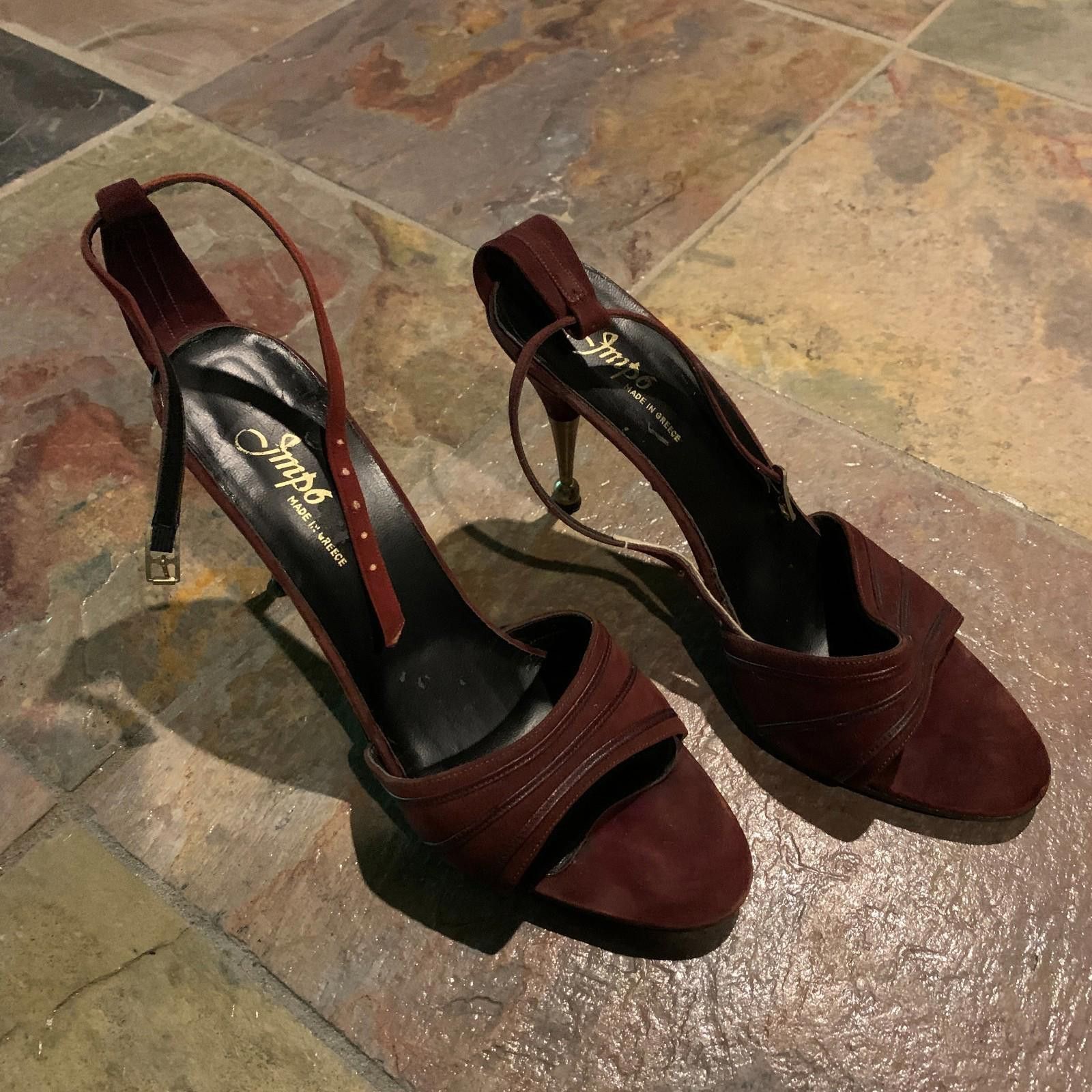Imperial Vintage Impo Maroon Open-Toe Metal Heels W Ankle Strap (S611 Size US 9 / IT 39 - 9 Thumbnail