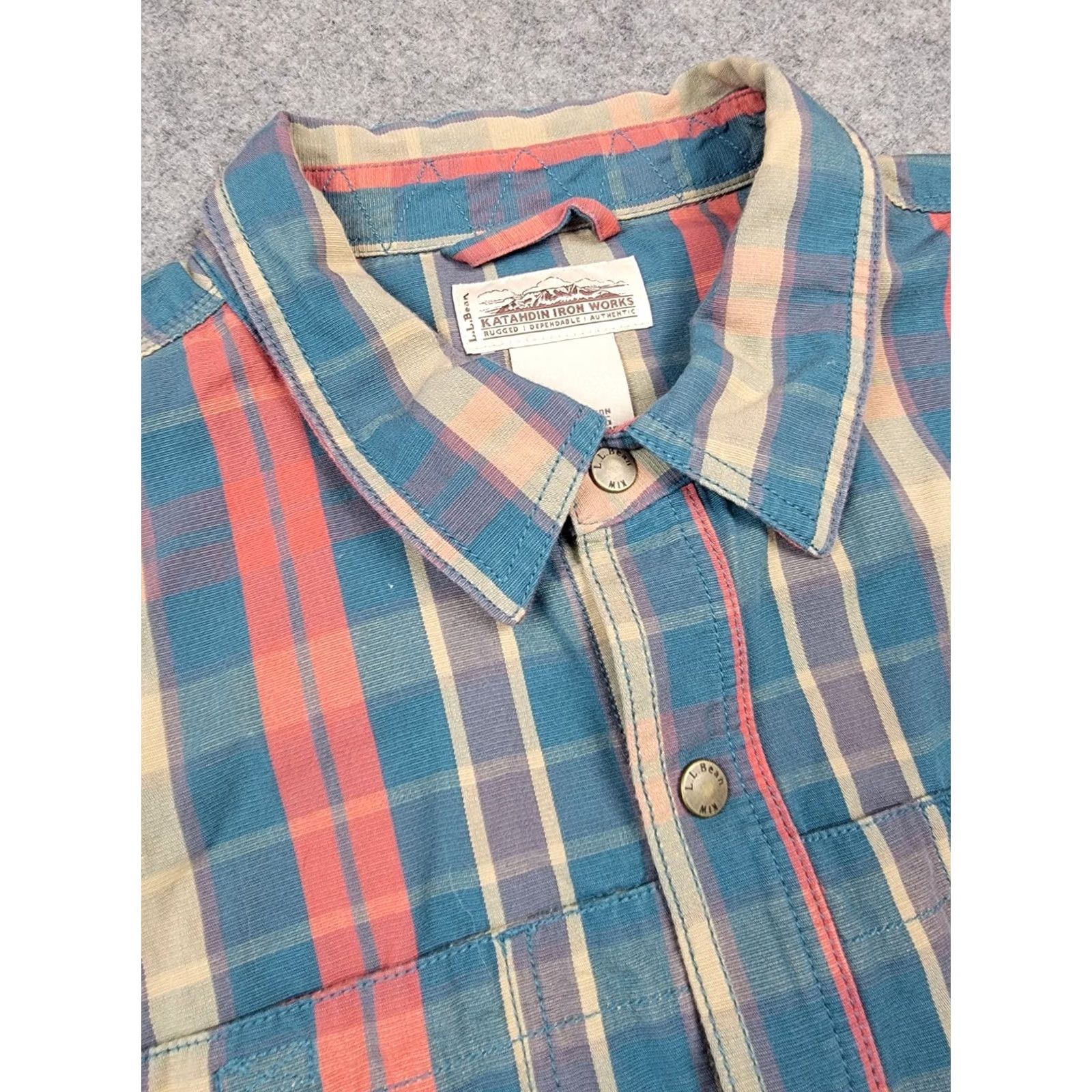 Vintage L.L. Bean Katahdin Iron Works Shirt Mens 2XL Blue Orange Plaid Elbow Patches Button-Up Casual Travel Workwear Set Size US XXL / EU 58 / 5 - 2 Thumbnail