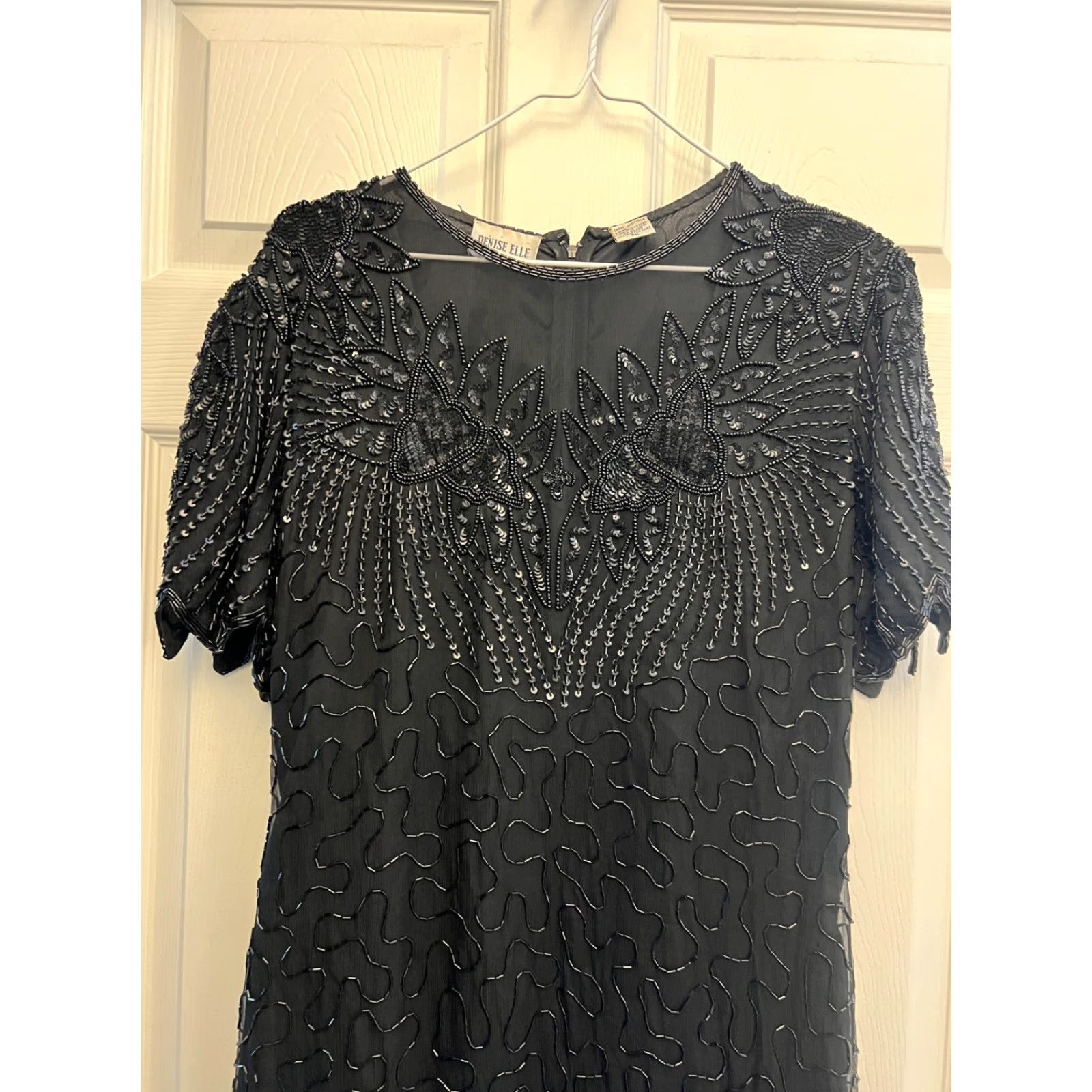 Vintage VINTAGE Denise Elle Dress Womens Large Silk Beaded Midi Scalloped 90s Elegant Black Silk Beaded Dress Size L / US 10 / IT 46 - 4 Thumbnail