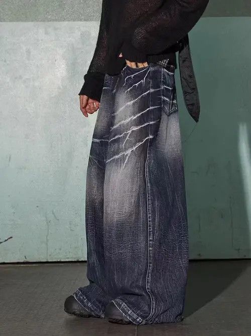 VIBE Vintage washed distressed lightning texture baggy jeans Size US 32 / EU 48 - 4 Thumbnail