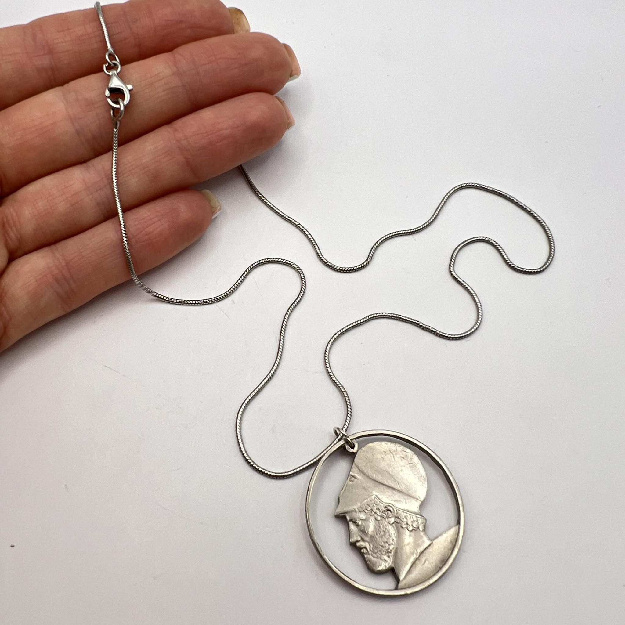 Sterling Silver 1980 Vintage Jewelry Silver 925 Necklace Greece Silver Coin Size ONE SIZE - 4 Thumbnail
