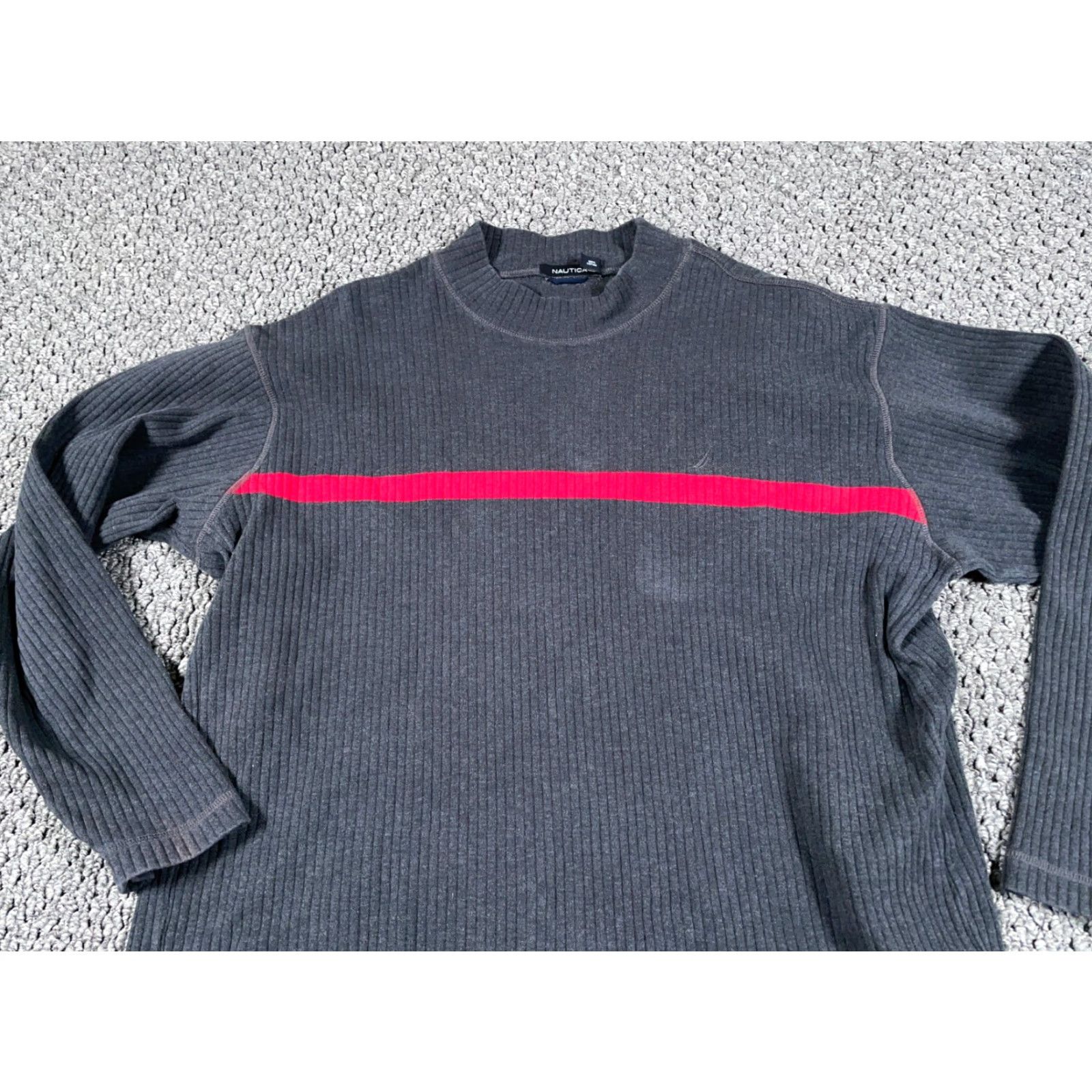 Nautica VINTAGE Nautica 90s Men's XL Sweater Ribbed Mock Neck Pullover Casual Pullover Gray Red Striped Size US XL / EU 56 / 4 - 5 Thumbnail