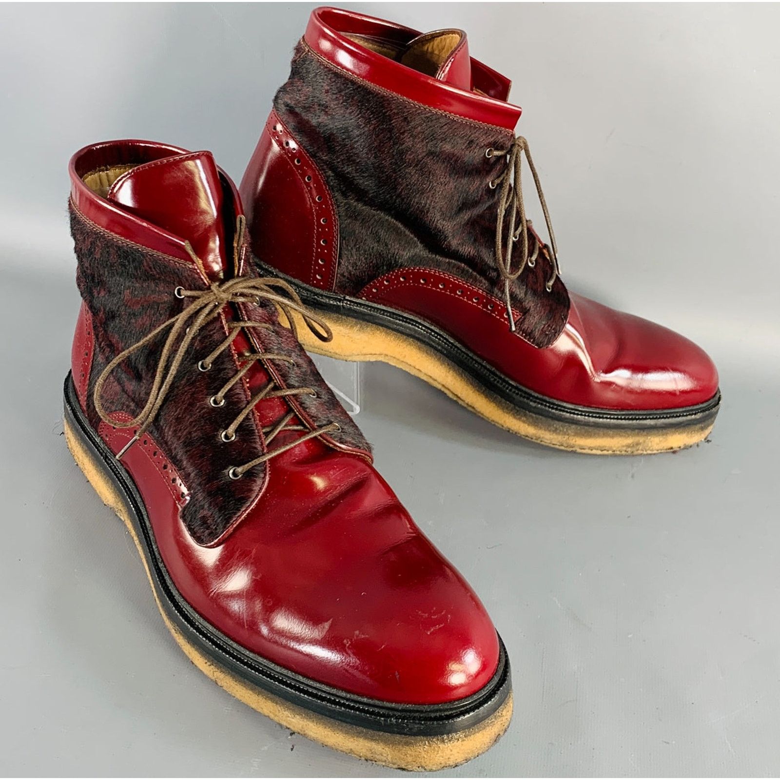 Size 10 Red Paisley Pony Hair Leather Crepe Sole Ankle Boots