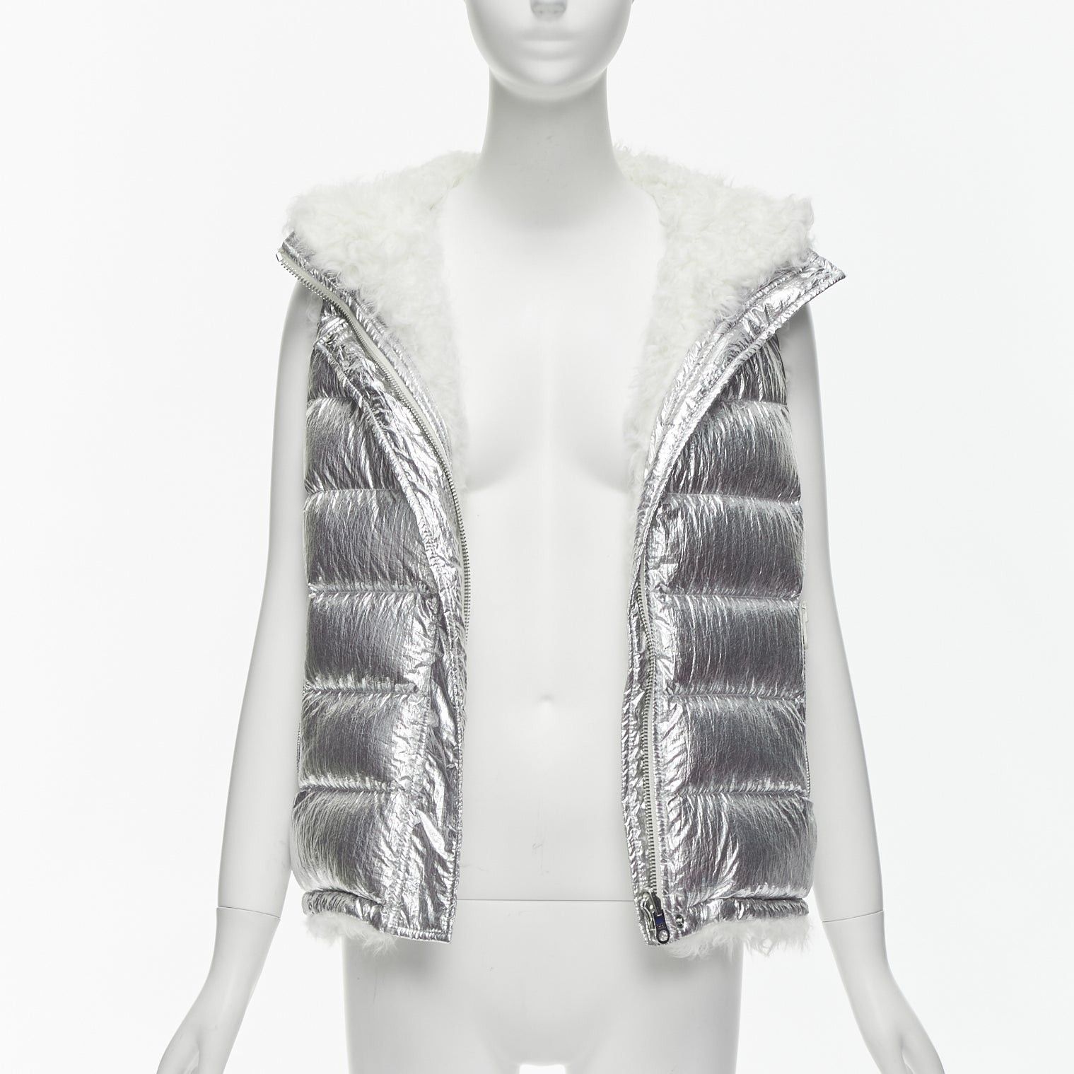 image of YVES Salomon Army Reversible Metallic Silver White Lamb Shearling Puffer Vest Fr36 S, Women's (Size