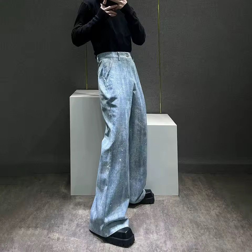 Jean Diamond Shiny Straight Light Blue Streetwear Design Pants Size US 31 - 1 Thumbnail