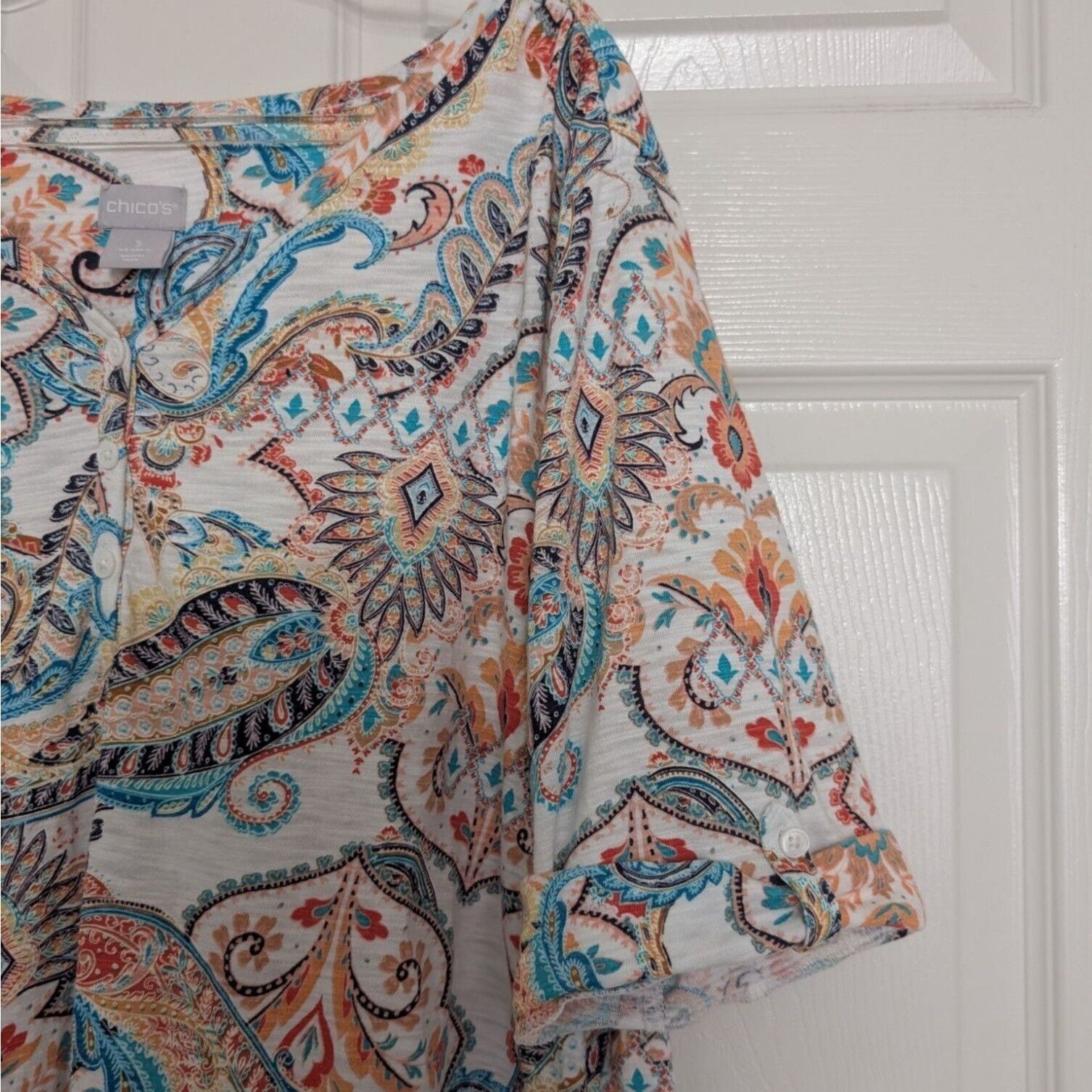 Designer Chicos 3 Paisley Boho Shirt Size XL White Cotton Modal Short Size XL / US 12-14 / IT 48-50 - 3 Thumbnail