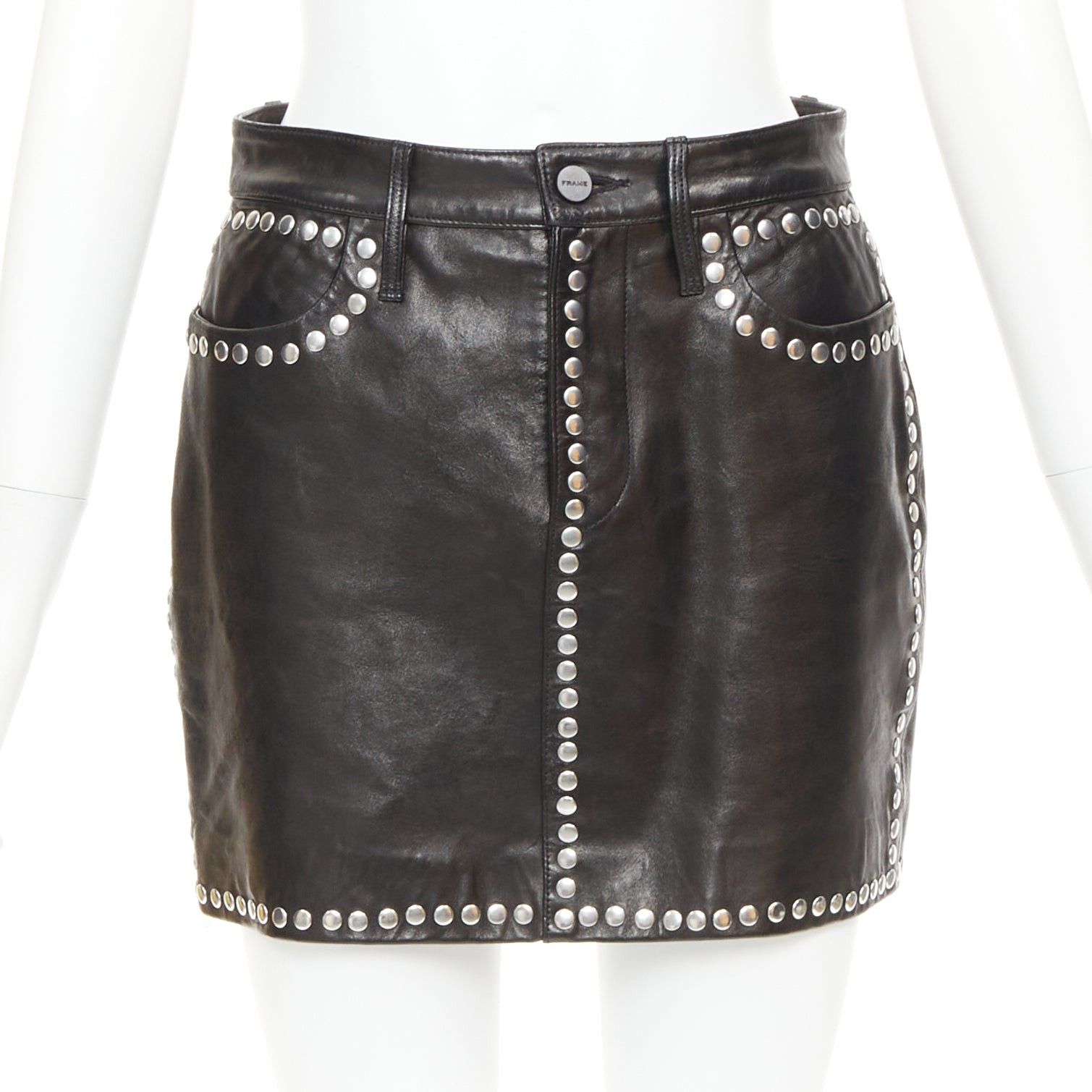 Frame FRAME black lambskin leather silver studded high waist mini skirt 25" Size 25" / US 0 / IT 36 - 1 Thumbnail