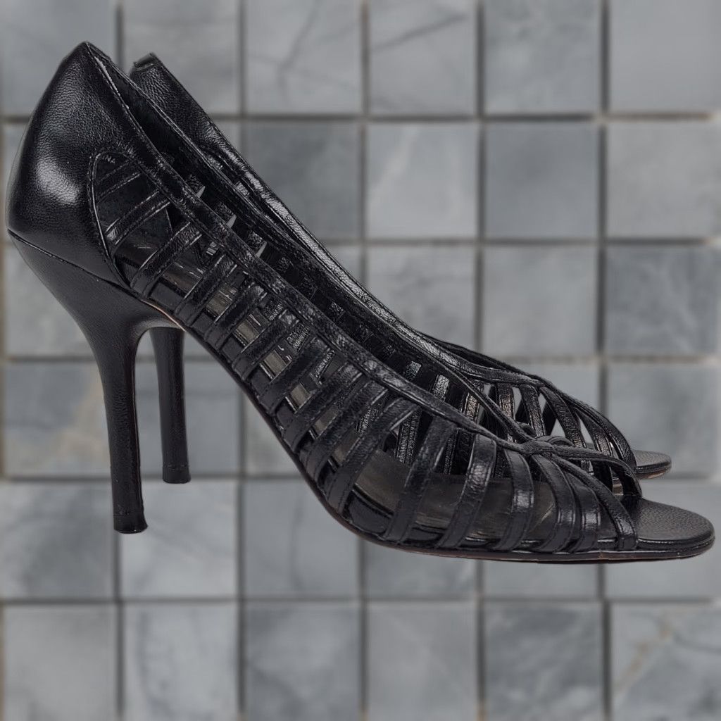 Vintage Steven Black Leather Open Toe Strappy Heels Women's Size 6 M Size US 6 / IT 36 - 1 Thumbnail