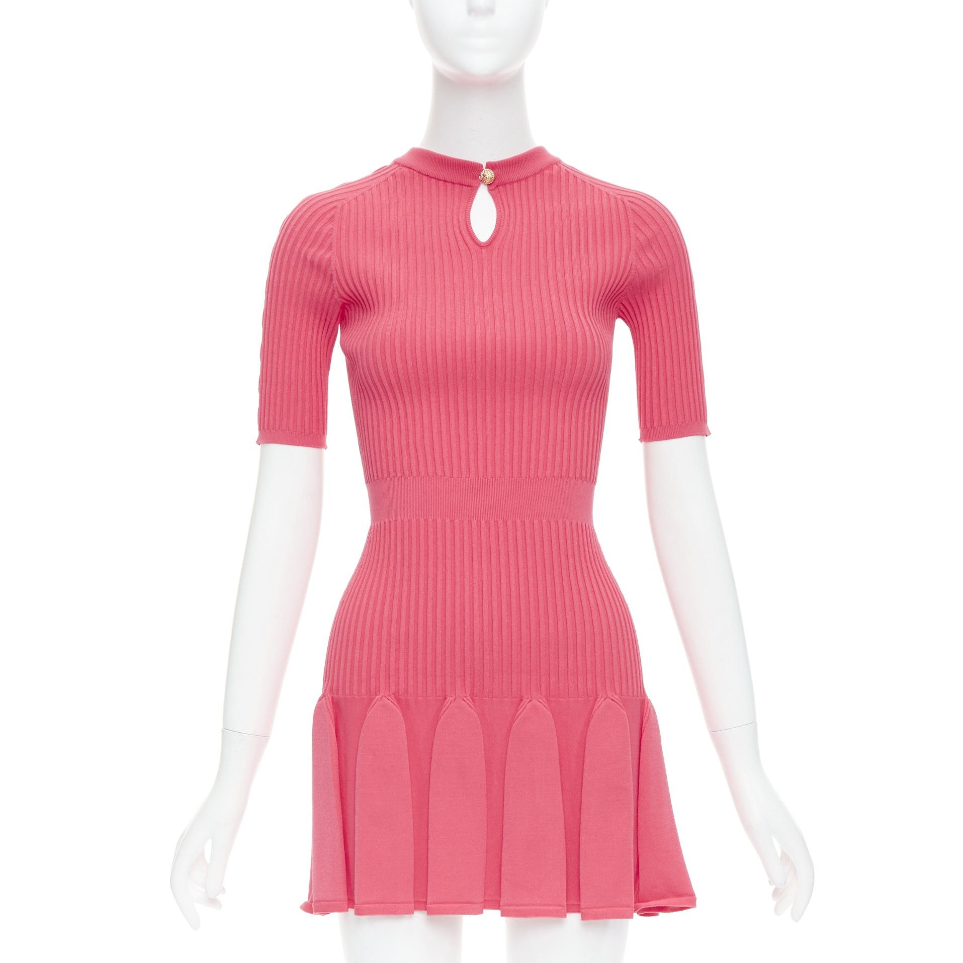 Balmain BALMAIN coral pink keyhole neck ribbed flutter skirt mini dress FR34 XS Size XS / US 0-2 / IT 36-38 - 1 Thumbnail