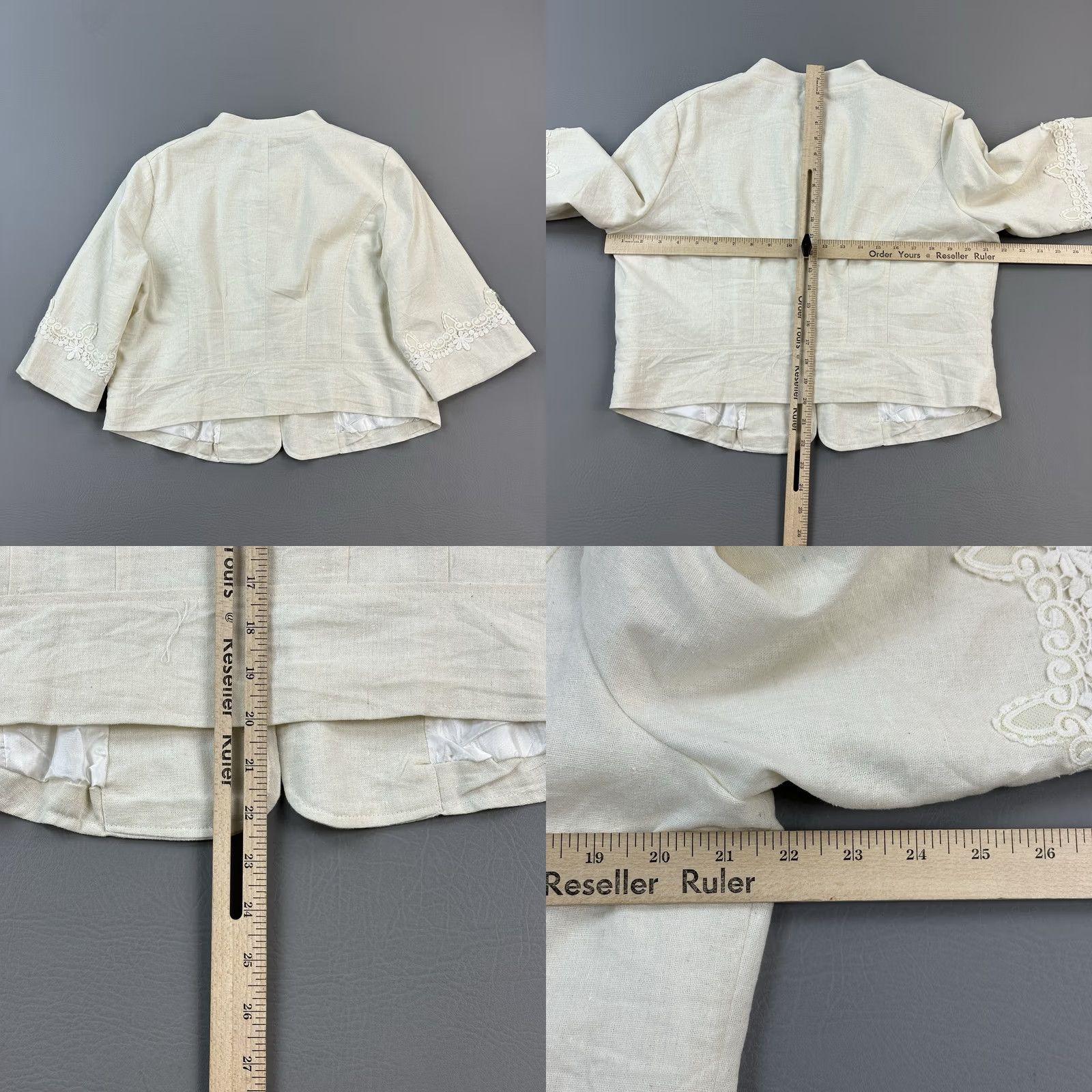 Vintage Papillon Blazer Jacket Womens Large Ivory Linen Embroidered Cropped Hook Closure Size L / US 10 / IT 46 - 9 Thumbnail