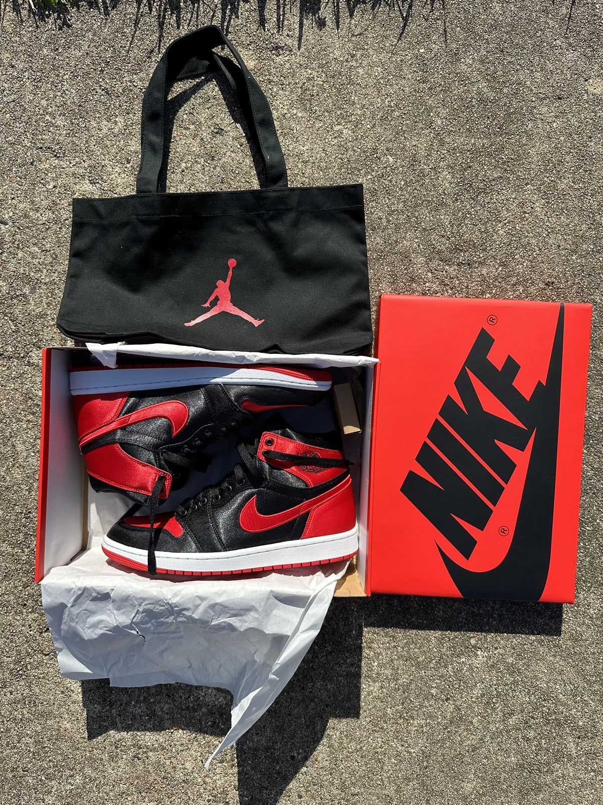 image of Nike Air Jordan 1 High OG Satin Bred Shoes, Men's (Size 9)
