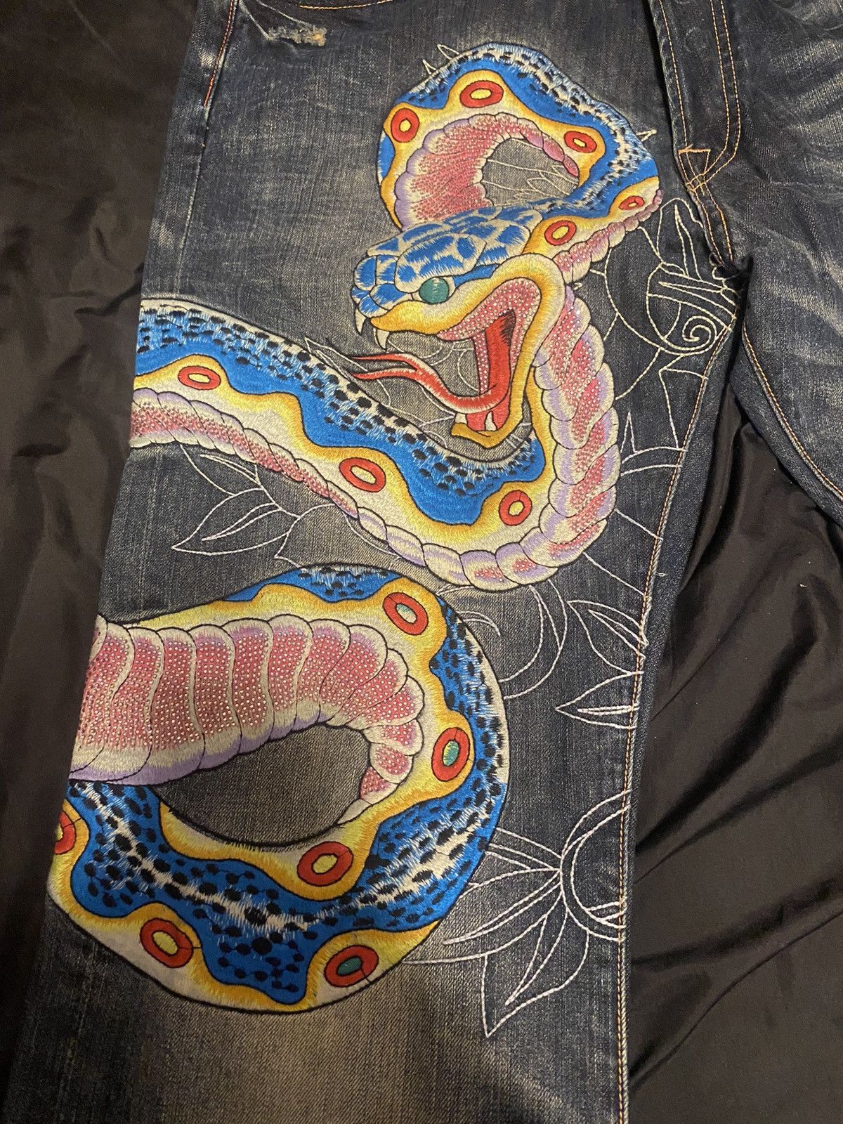 Christian Audigier Snake Embroidered Blue Denim Jeans Size outlet 36 Men Ed Hardy Y2K