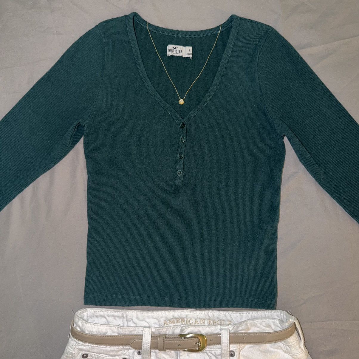 Hollister Hollister Teal Ribbed V-neck Long Sleeve Top Size S / US 4 / IT 40 - 2 Thumbnail