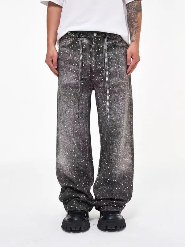 Japanese Brand VIBE High Street Rhinestone Design Loose Straight Jeans Size US 30 / EU 46 - 2 Thumbnail