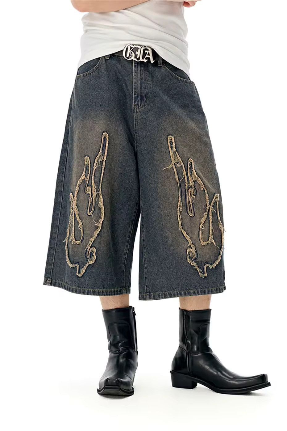 Designer × Jean Patchwork Distressed Washed Vintage Loose Shorts Size US 32 / EU 48 - 2 Thumbnail