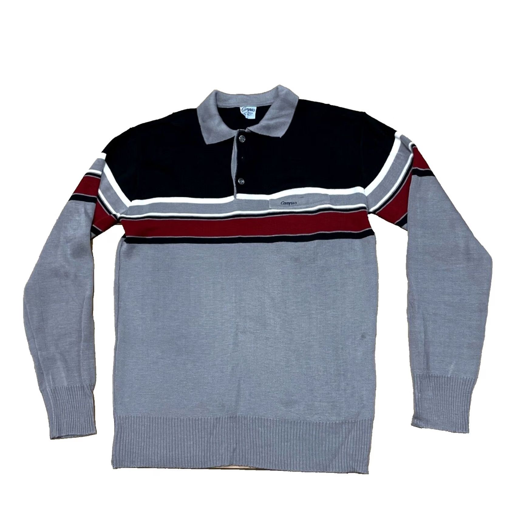 Vintage CAMPUS Polo Shirt Men L Gray Black Red Stripe Knit Vintage 1970s Classic Polo Shirt Mens Size US L / EU 52-54 / 3 - 2 Thumbnail