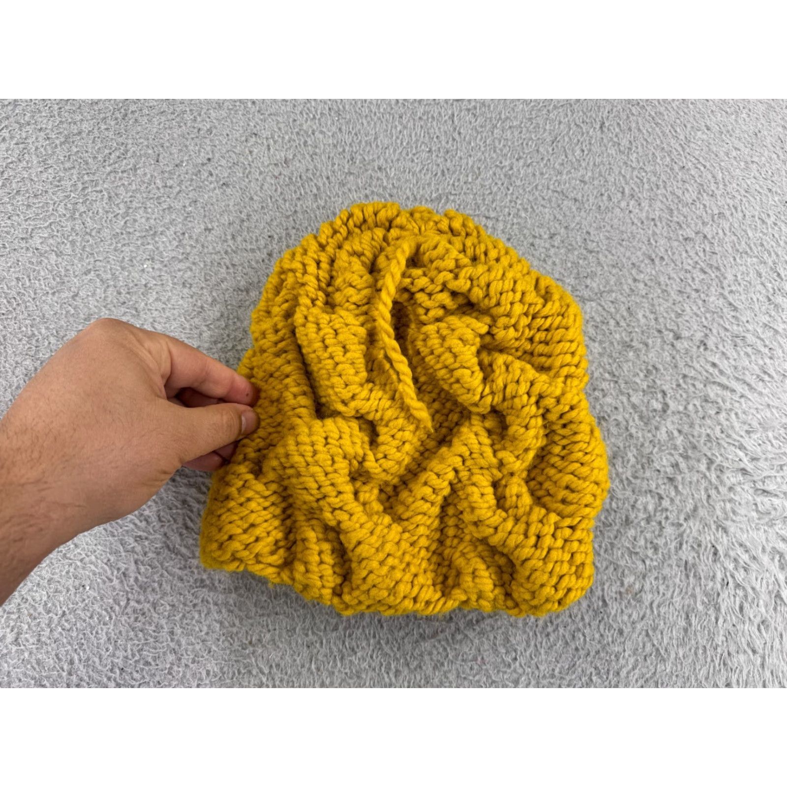 Vintage Yellow Chunky Knit Beanie Toque One Size Womens Ski Hat - Adjustable, Lined, Solid Size ONE SIZE - 4 Thumbnail