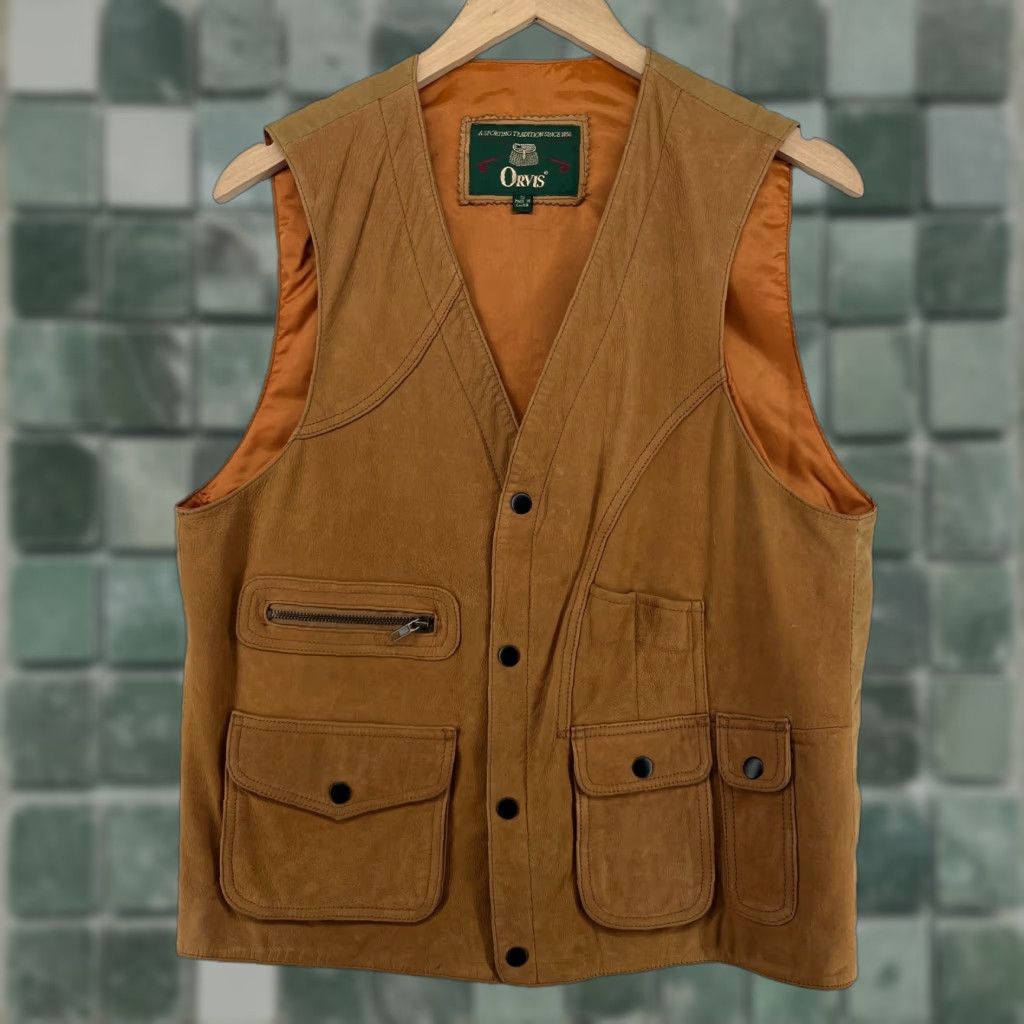ORVIS Leather Vest Mens S Cargo Hunting Safari Utility Snap Lined