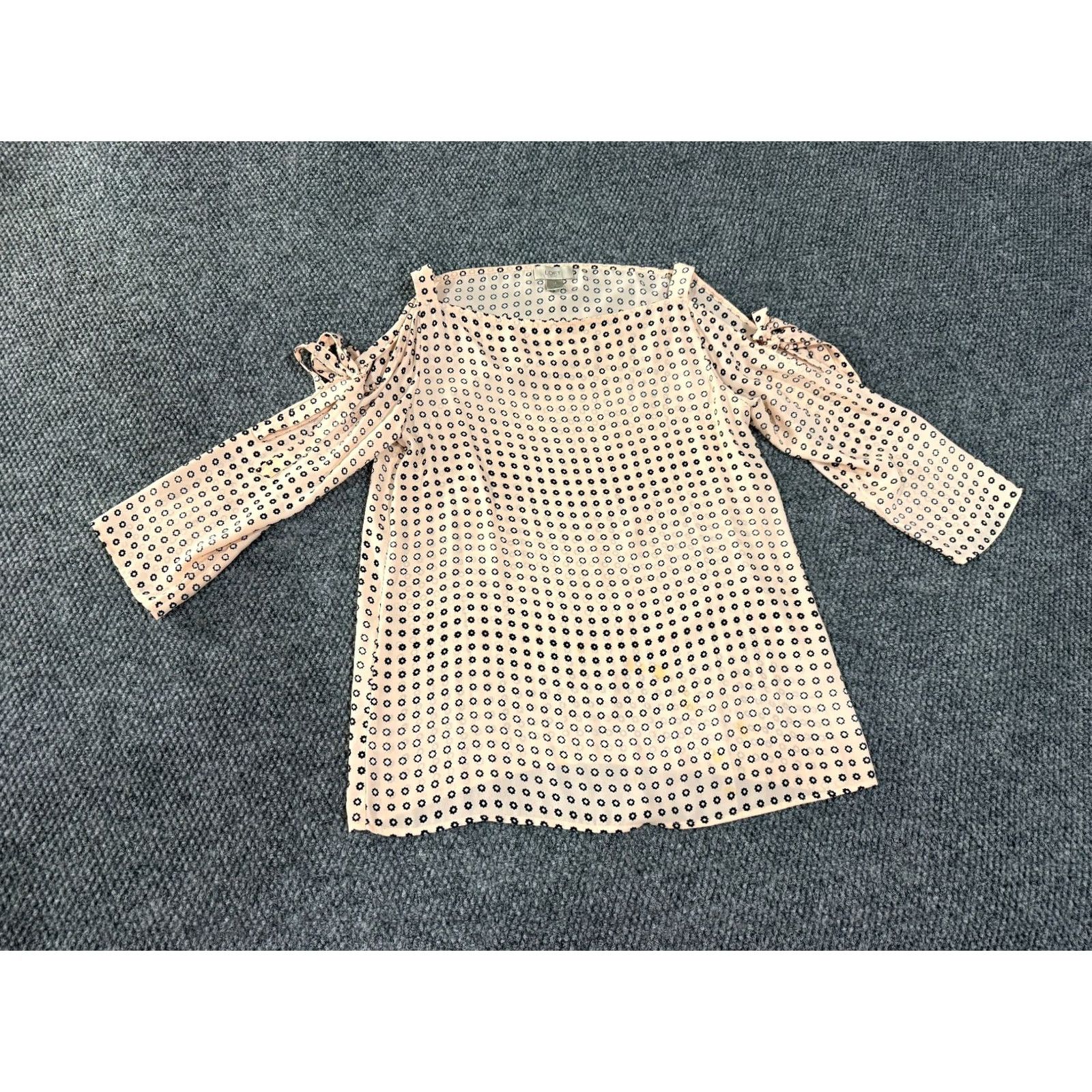 Loft LOFT Blouse Womens S Pink Black Geometric Print Tie Sleeve Long Sleeve Crew Neck Casual Pattern: Geometric Ruffle Polyester Regular All Seasons Size S / US 4 / IT 40 - 2 Thumbnail