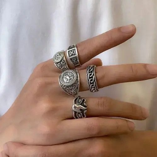 Jewelry Ring Set 5 pcs gothic punk rock style Size ONE SIZE - 4 Thumbnail
