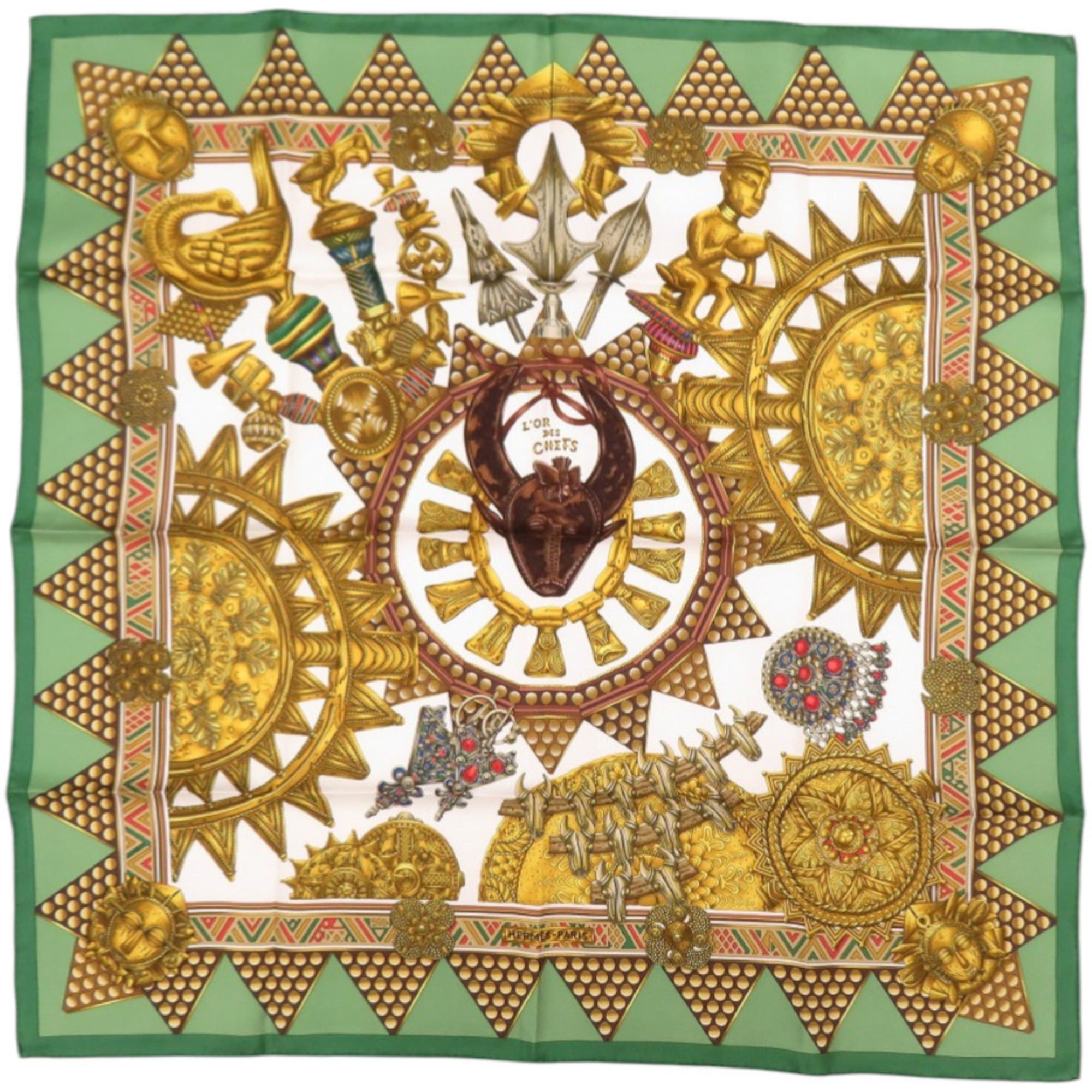 Hermes Like New Hermes Carre 90 L'OR DES CHEFS (The Gold of the Chiefs) Silk Green Scarf/Muffler 0168HERMES Size ONE SIZE - 1 Thumbnail
