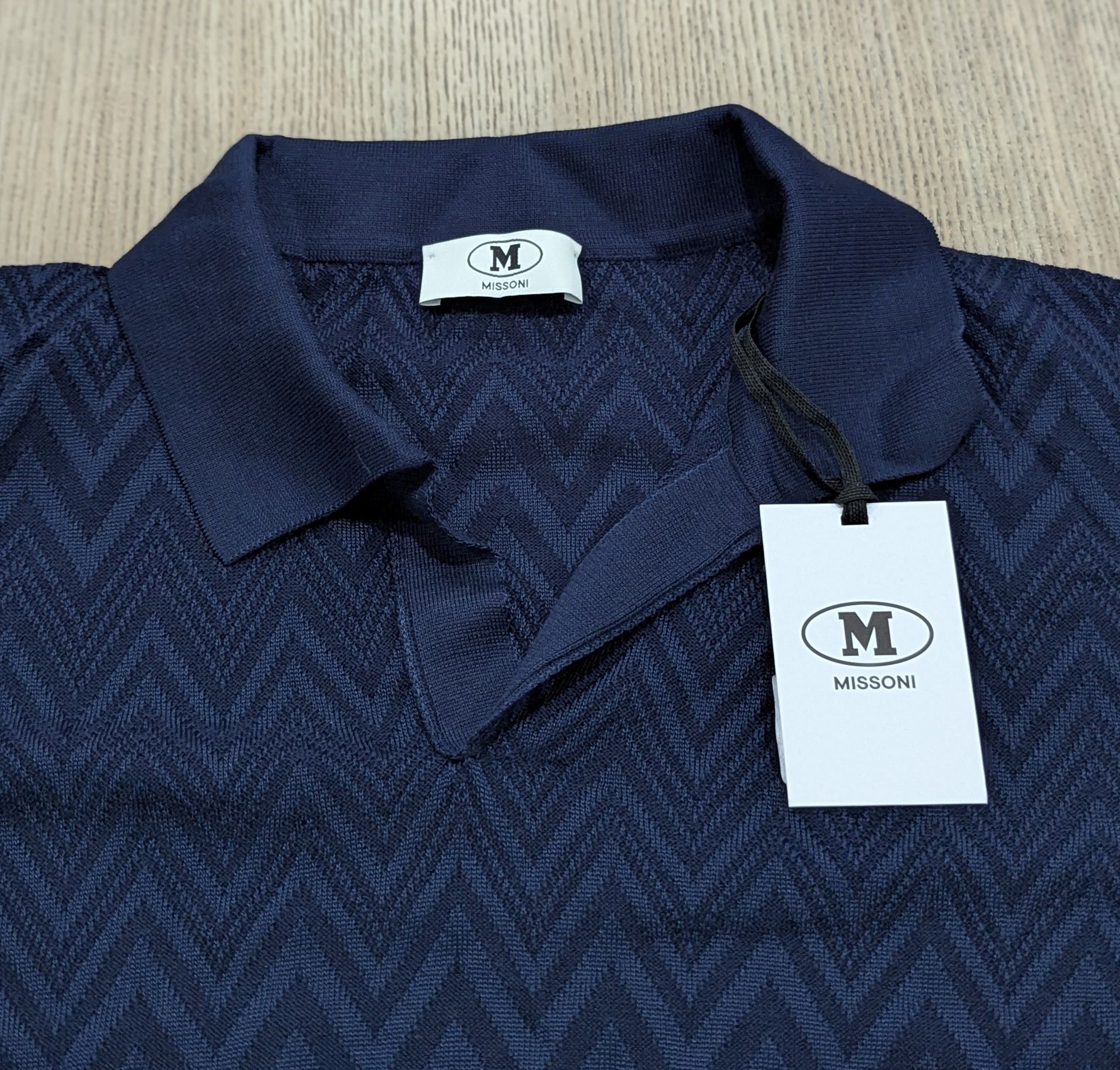 Missoni Missoni Textured Chevron Johnny Collar LS Polo Shirt Blue XL Size US XL / EU 56 / 4 - 2 Thumbnail