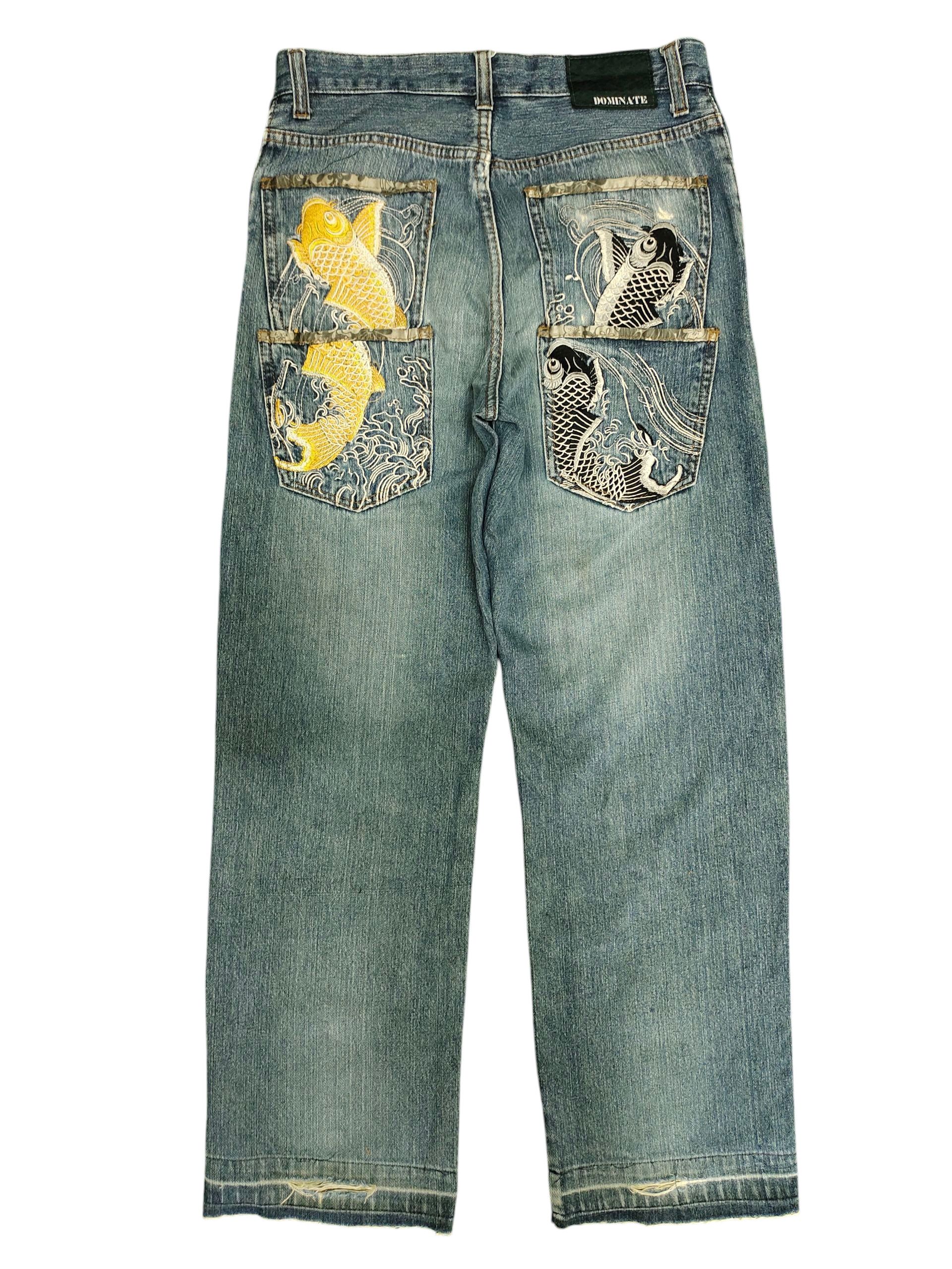Karakuri Tamashii Japanese Brand Dominate Sukajan Koi Embroidered Denim Jeans Size US 31 - 1 Thumbnail