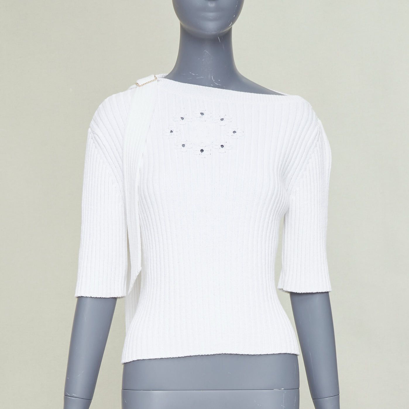 Chanel CHANEL white ribbed cotton knit CC logo buckle sash sweater FR36 S Size S / US 4 / IT 40 - 1 Thumbnail