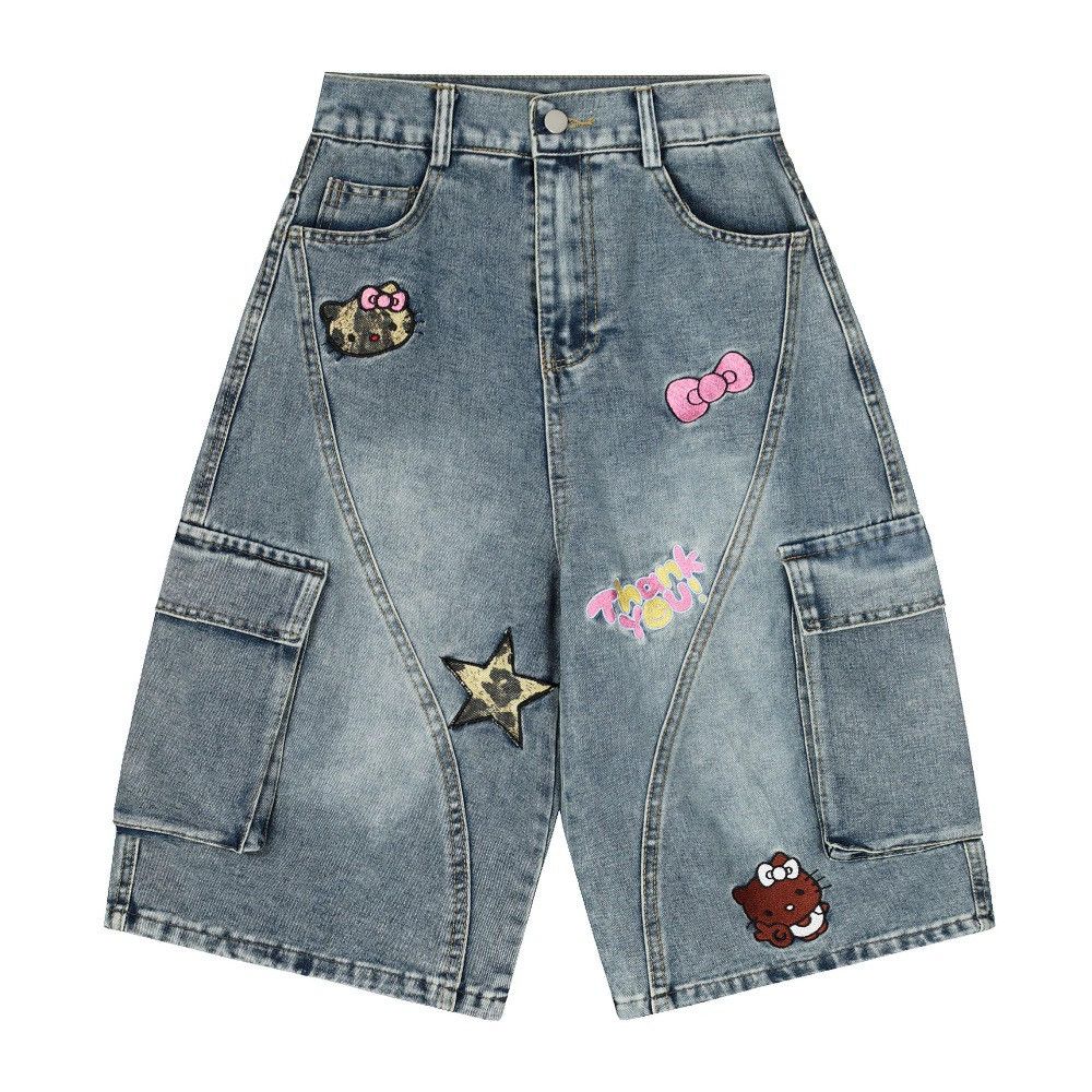 Jean Washed cartoon embroidery multi-pocket cargo denim shorts Size US 32 / EU 48 - 1 Thumbnail
