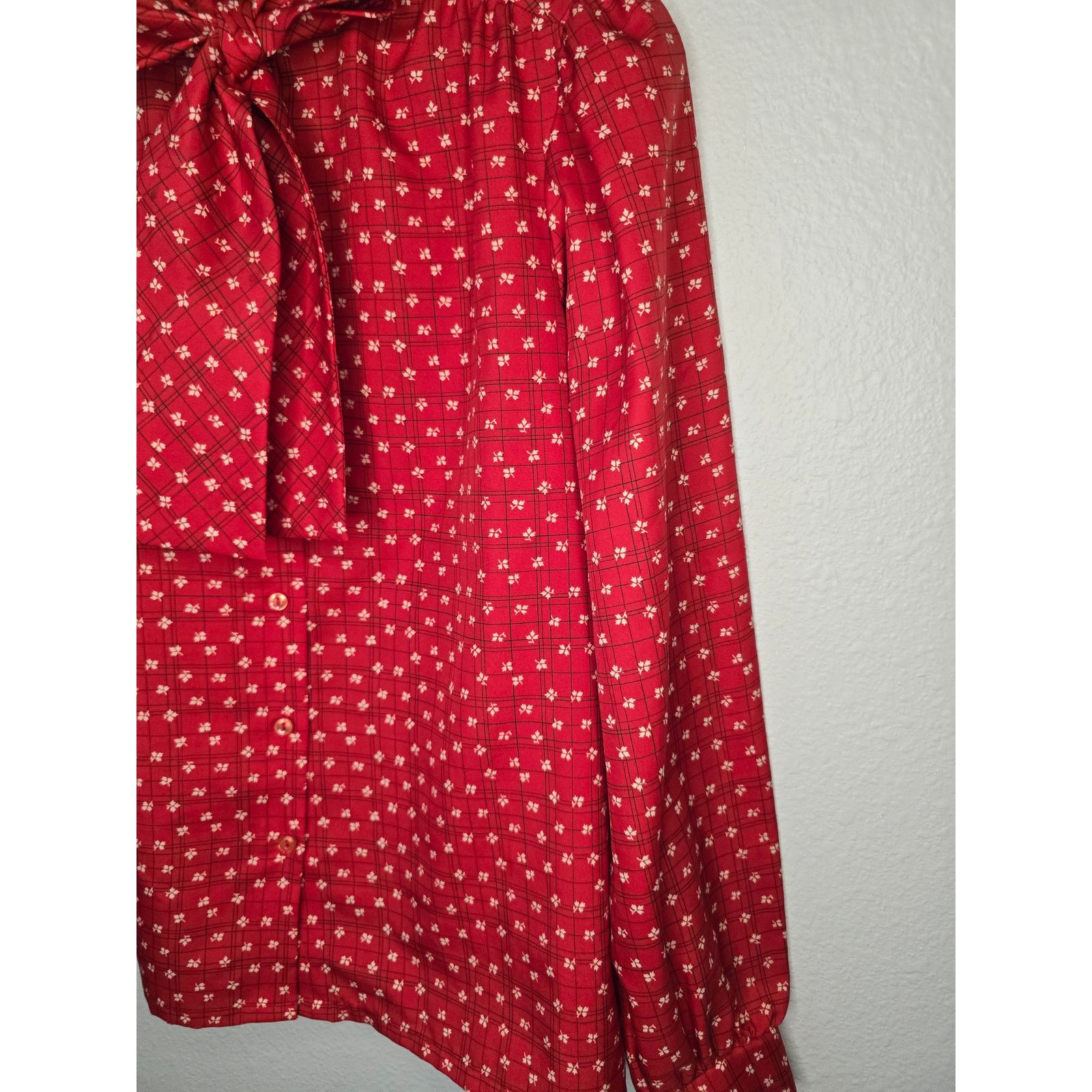 Vintage Vintage Tie Neck Blouse Judy Bond Red Floral Polka Dot Shirt Size XL / US 12-14 / IT 48-50 - 2 Thumbnail