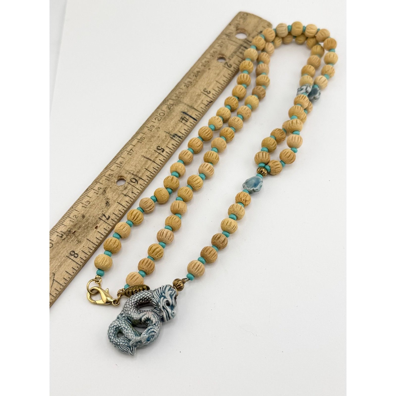 Vintage Vintage wood bead porcelain dragon serpent long pendant neck Size ONE SIZE - 5 Thumbnail