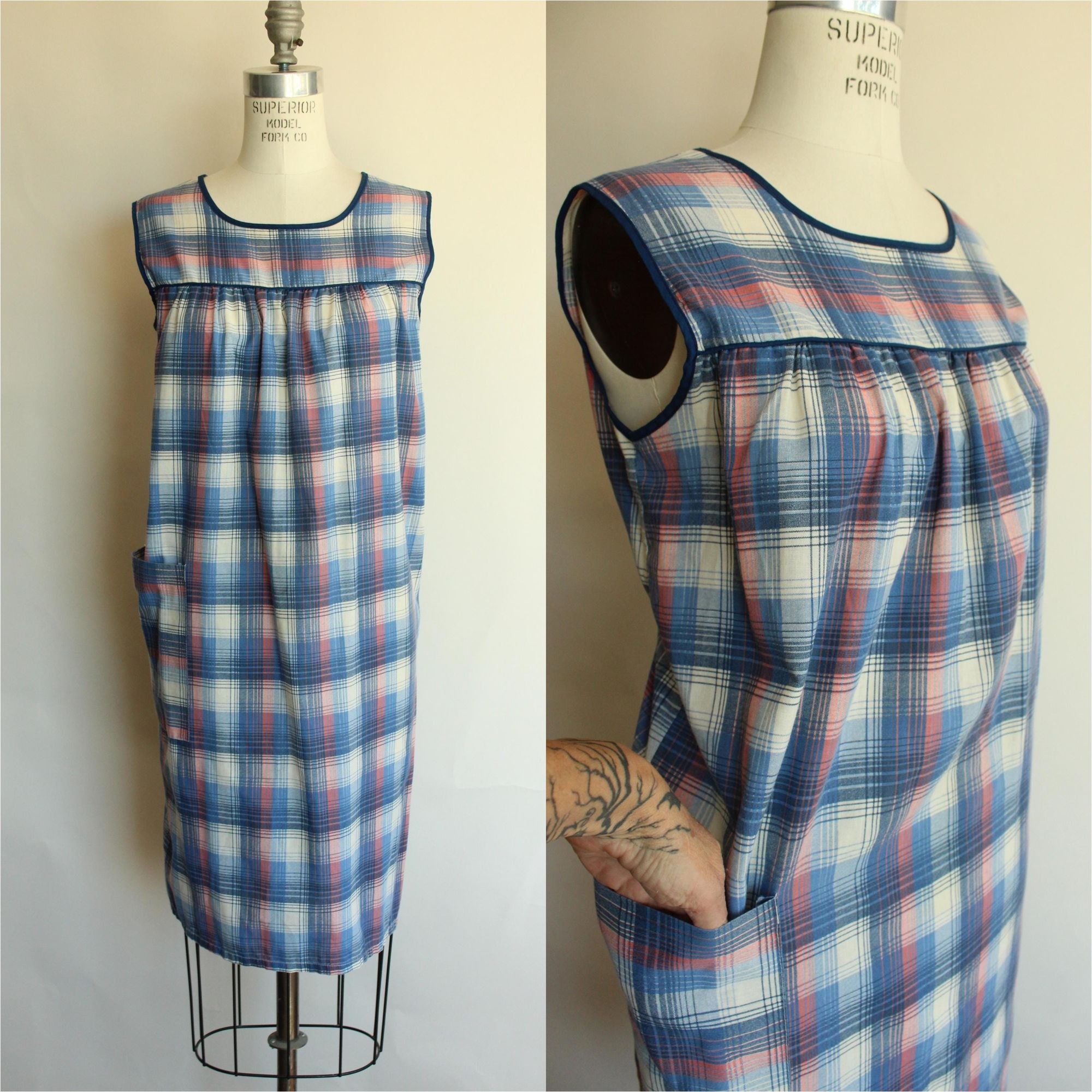Vintage Vintage 1970s Shift Dress with Pocket, Volup Blue Tartan Pla Size XL / US 12-14 / IT 48-50 - 1 Thumbnail