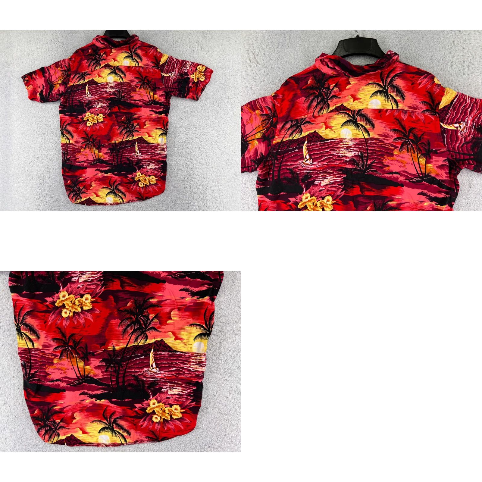 Vintage Design In Italy Shirt Adult Large Red Orange Hawaiian Island Sunset Palm Print Shirt Men Regular Red Hawaiian Floral Short Sleeve Button-Up 70s? Size US L / EU 52-54 / 3 - 9 Thumbnail