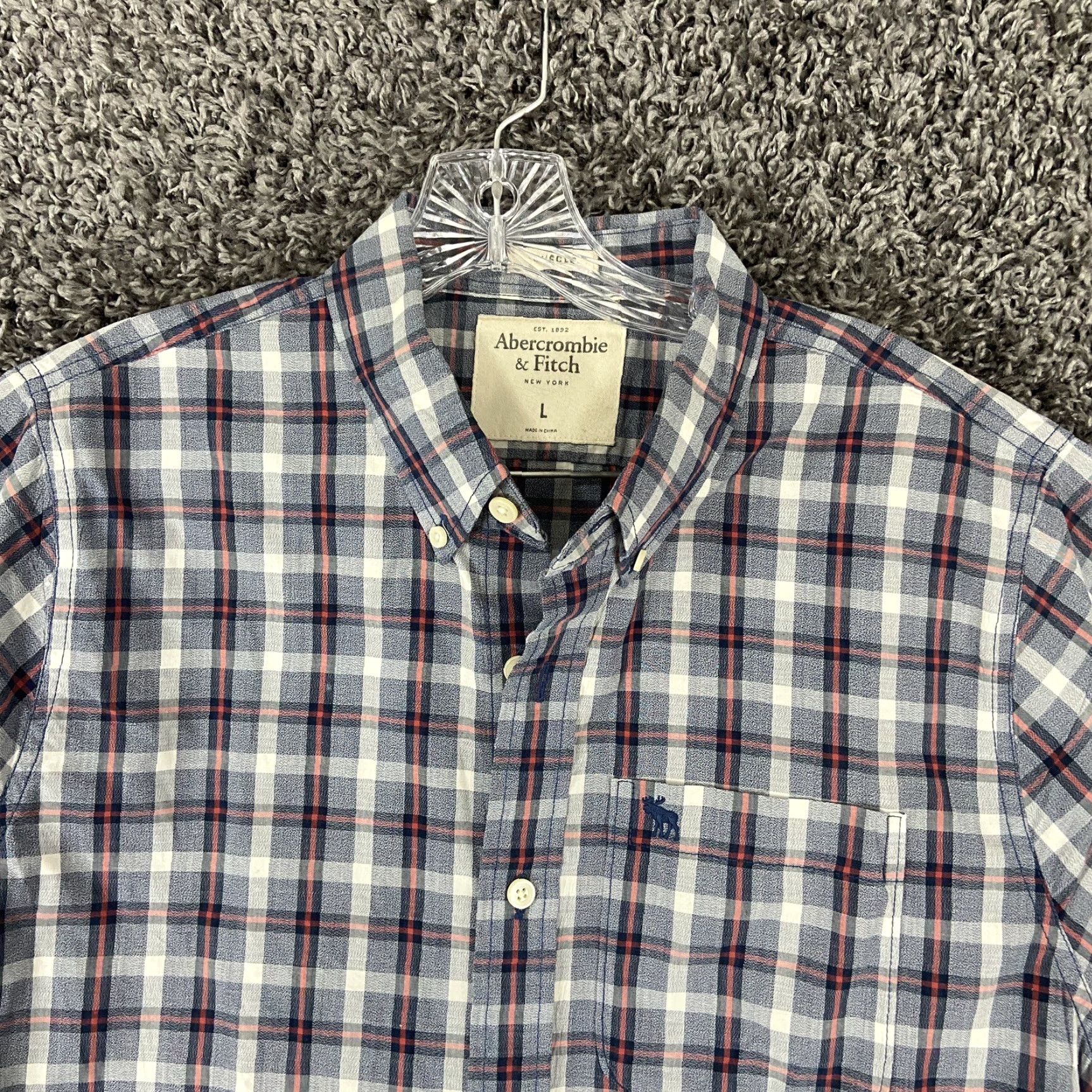 Abercrombie & Fitch ABERCROMBIE & FITCH Plaid Button-Up Shirt Men’s L Short Sleeve Gray Red Multicolor Size US 33 - 6 Thumbnail