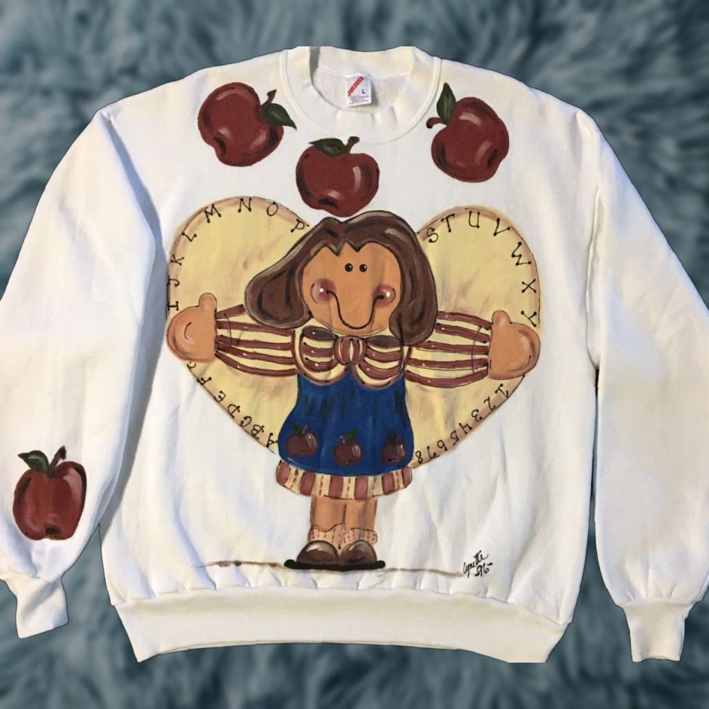 Jerzees VINTAGE 90s Apple Heart Art Sweatshirt L USA Nature Homemade White Jerzees Crewneck Men Size US L / EU 52-54 / 3 - 1 Thumbnail