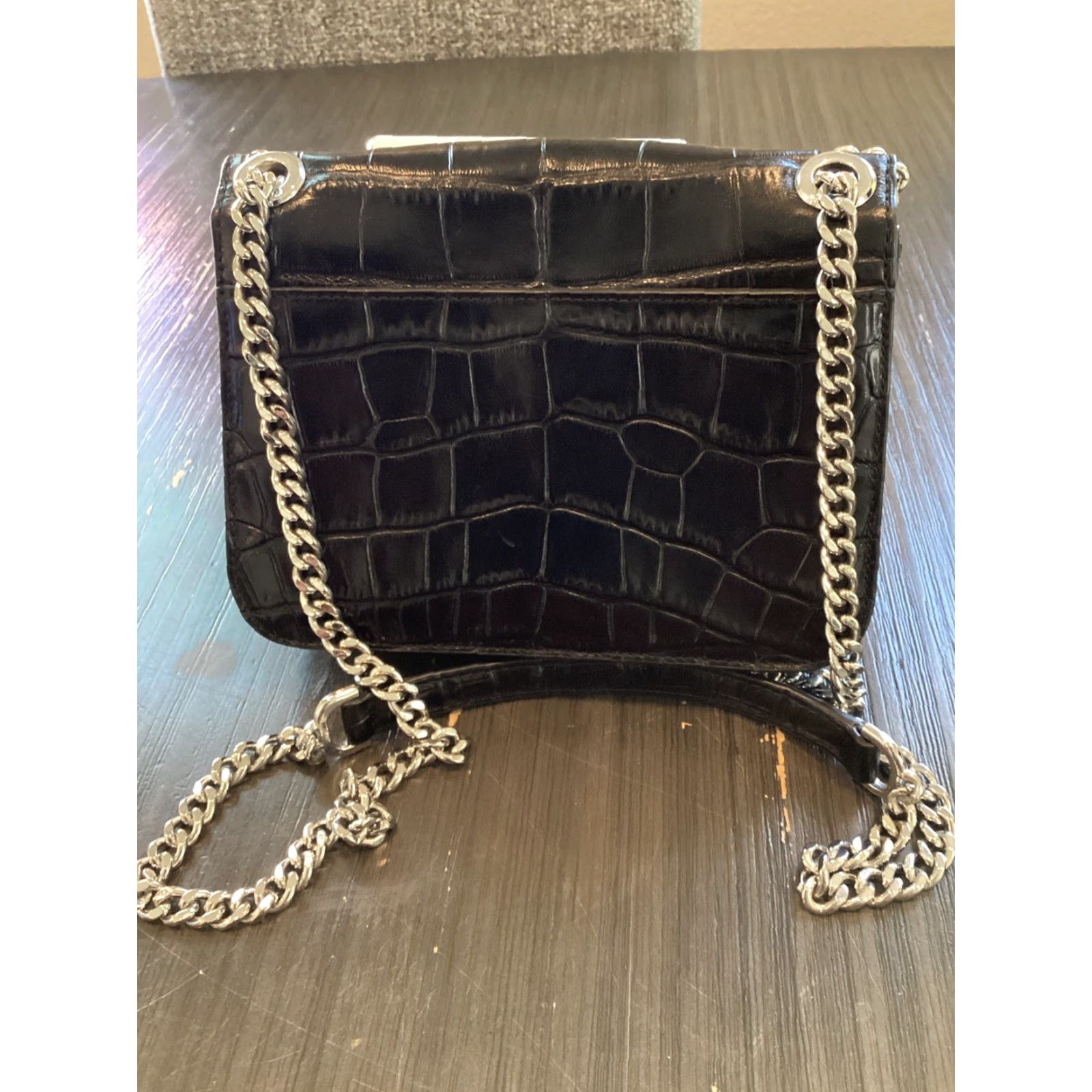 Michael Kors Michael Kors Sloan Editor Black Leather Crocodile Embossed Chain Strap Handbag Medium Black Womens Size ONE SIZE - 4 Thumbnail