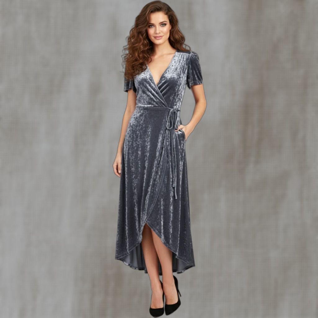 grey velvet wrap dress Grey Crushed Velvet Wrap Dress – AX Paris main image 0