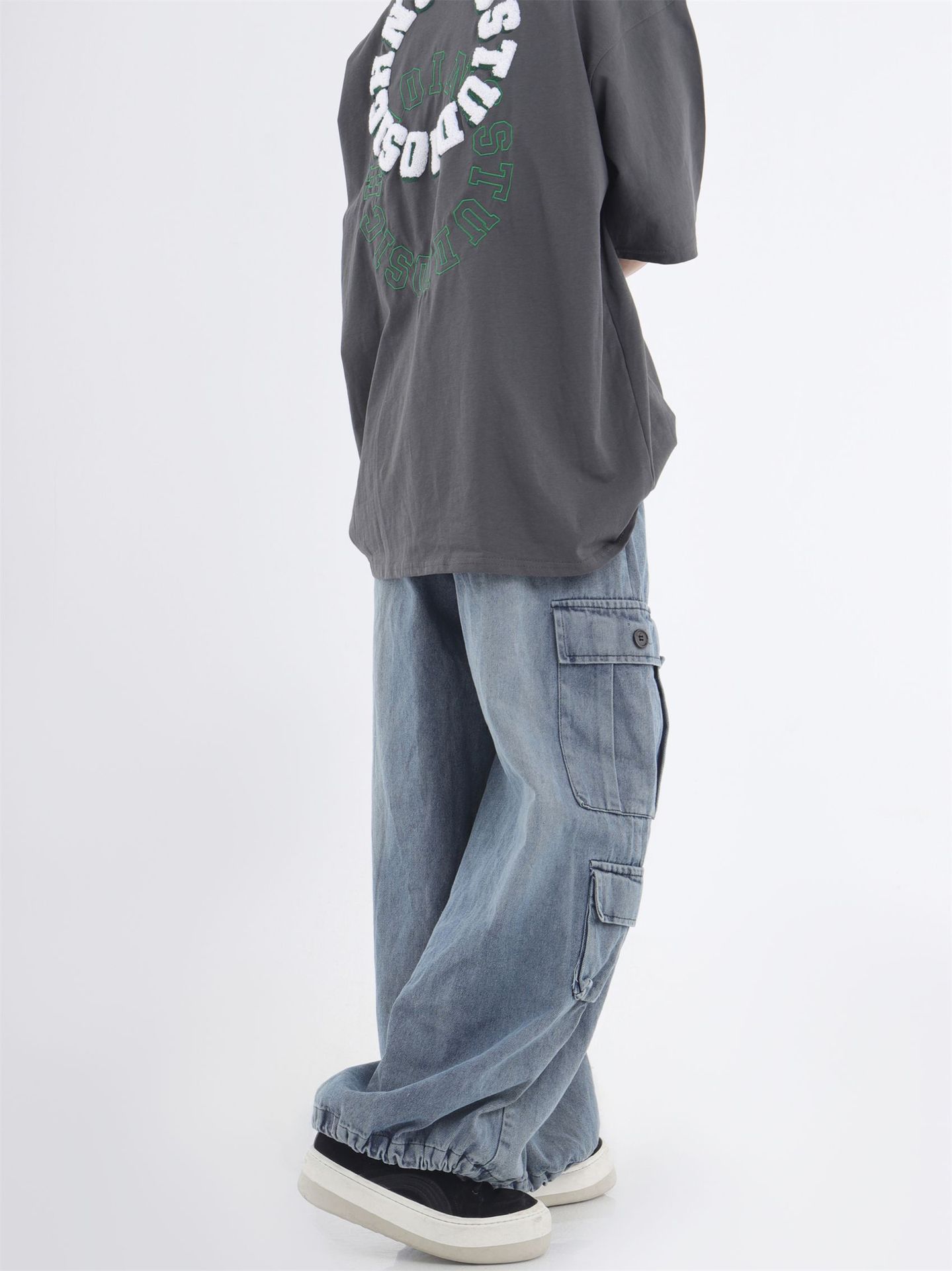 Jean Men's hip-hop washed loose wide-leg patch pocket jeans Size US 32 / EU 48 - 4 Thumbnail