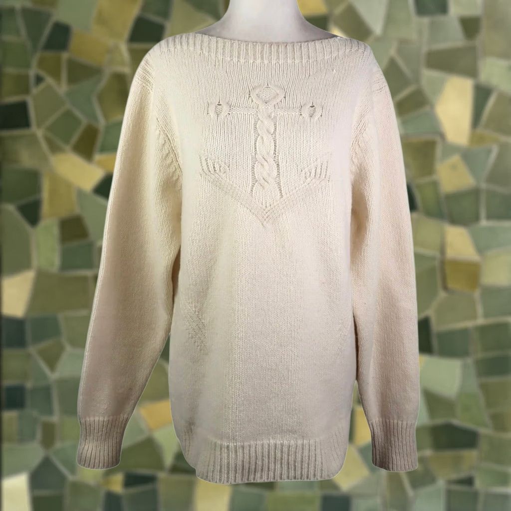 Vintage VINTAGE Fisherman Out Of Ireland Cream Wool Anchor Sweater Womens XL Pullover Knit Wool/Cashmere Navy Marine Nautical Mens? Size XL / US 12-14 / IT 48-50 - 1 Thumbnail