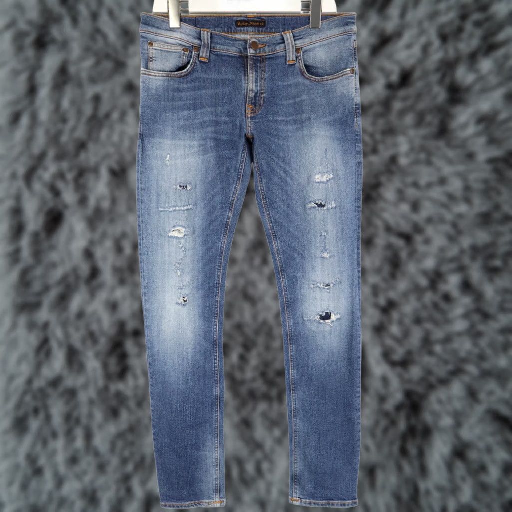Nudie Jeans NUDIE Jeans Men's W32/L32 Blue Tapered Distressed Faded Whiskers Zip Fly Jeans Size US 32 / EU 48 - 1 Thumbnail
